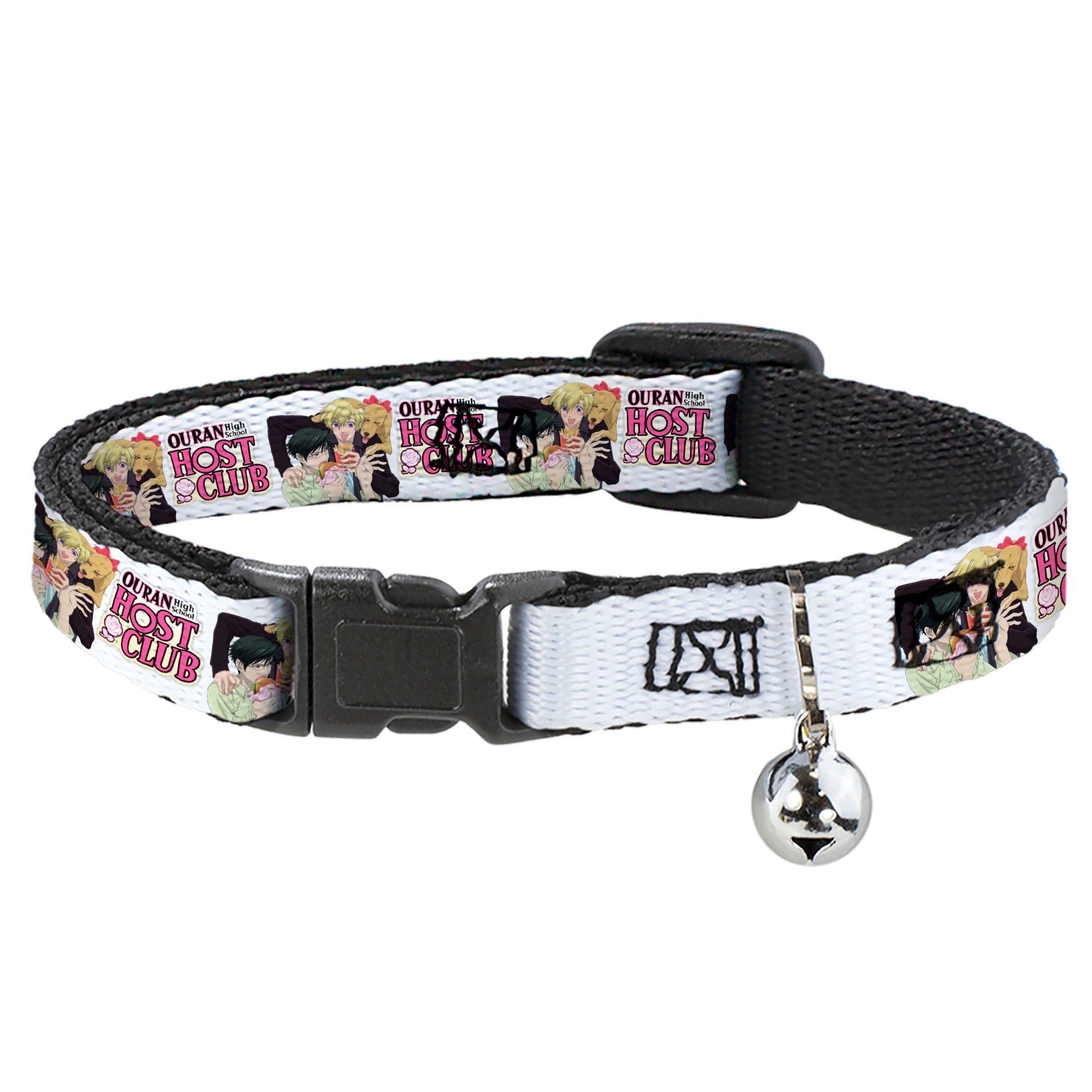 Breakaway Cat Collar with Bell - OURAN HIGH SCHOOL HOST CLUB Kyoya Haruhi and Antoinette Pose and Title Logo White Breakaway Cat Collars Ouran High School Host Club