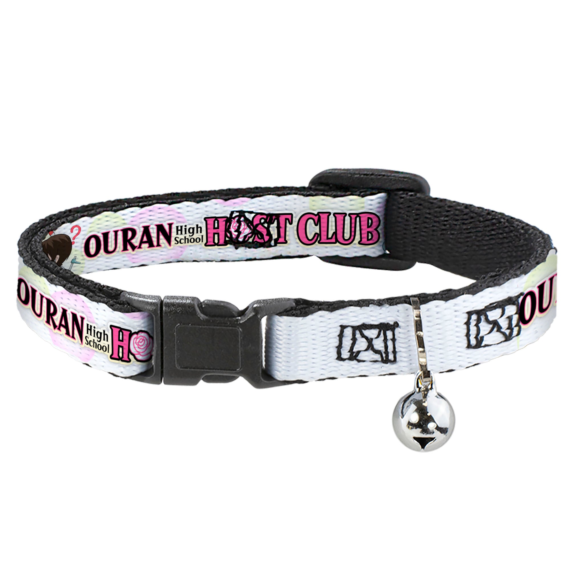 Breakaway Cat Collar with Bell - OURAN HIGH SCHOOL Chibi Tamaki and Haruhi Pose and Title Logo White Breakaway Cat Collars Ouran High School Host Club
