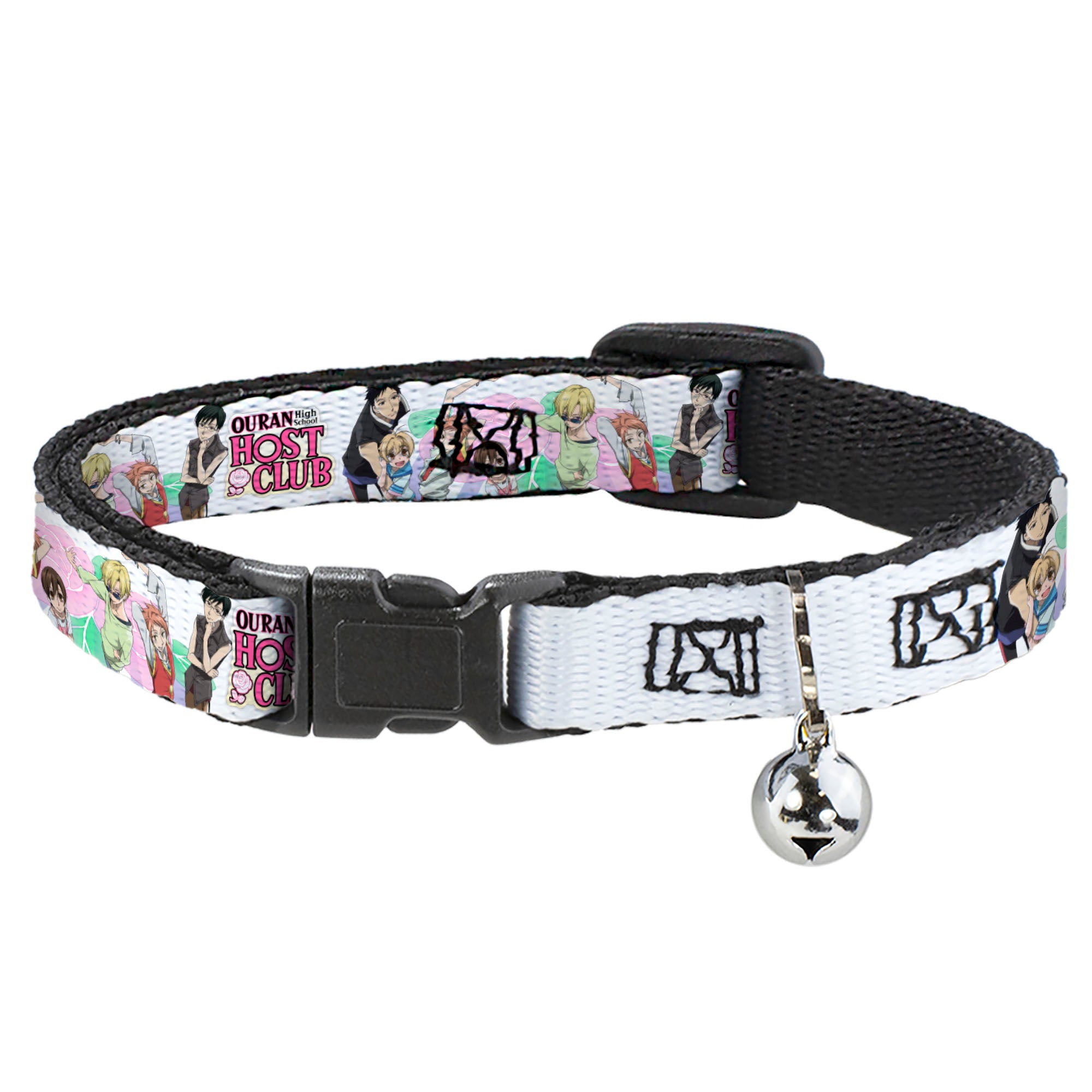 Breakaway Cat Collar with Bell - OURAN HIGH SCHOOL Seven Character Group Pose and Title Logo White Breakaway Cat Collars Ouran High School Host Club