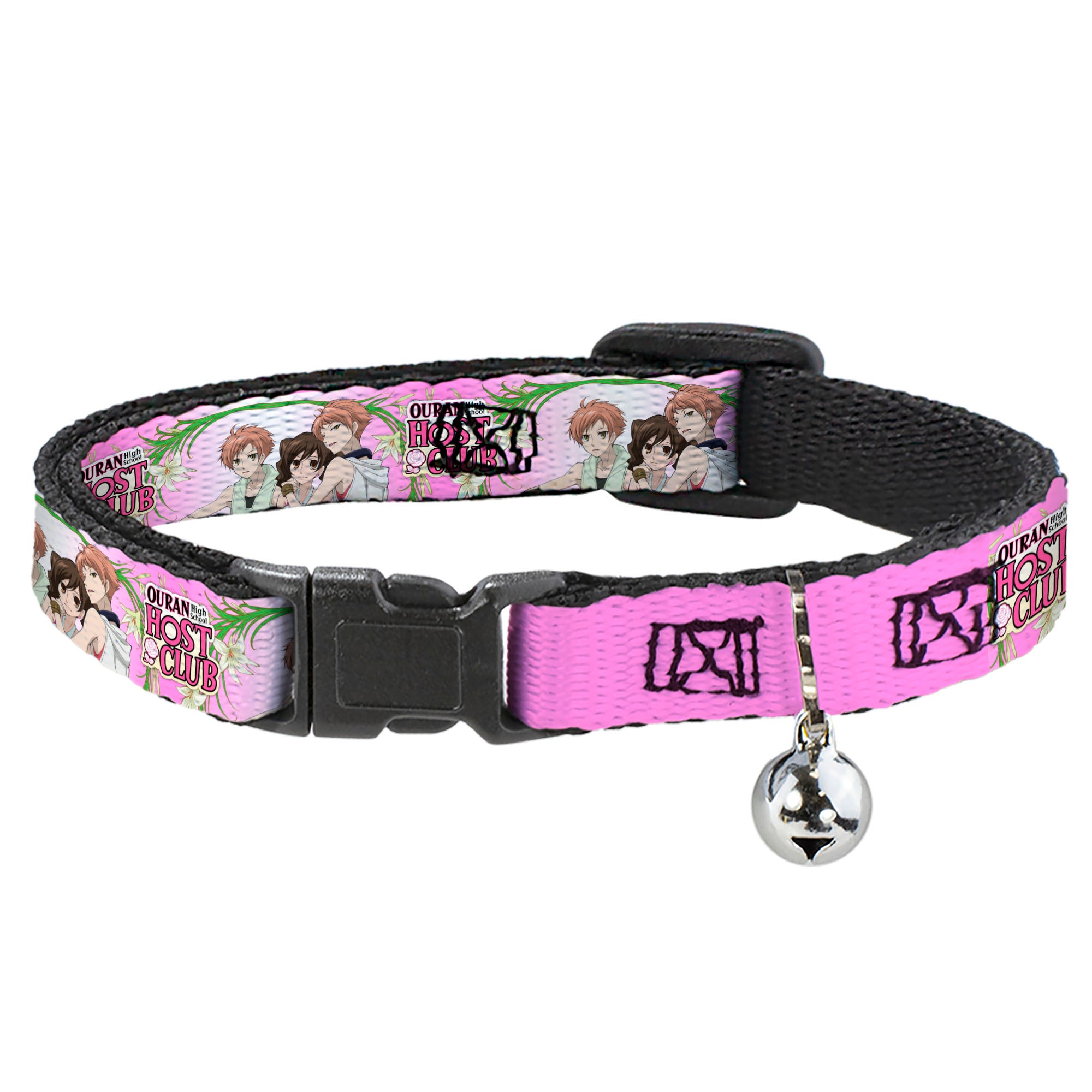 Breakaway Cat Collar with Bell - OURAN HIGH SCHOOL HOST CLUB Haruhi and Hitachiin Twins Lilies Pose and Title Logo Pinks Breakaway Cat Collars Ouran High School Host Club