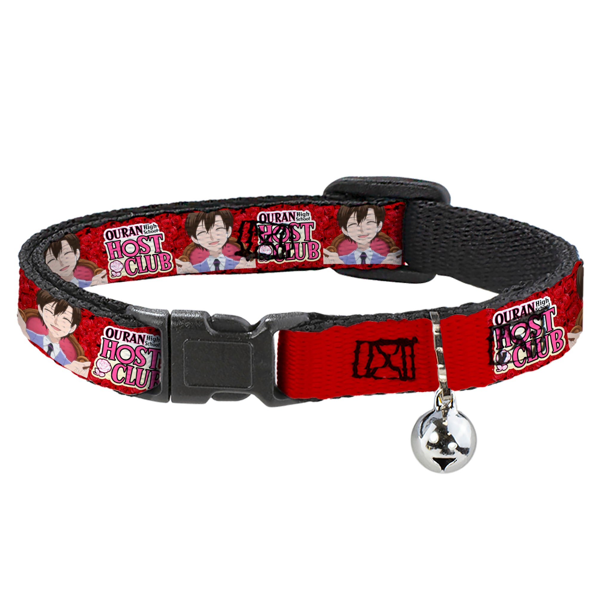 Breakaway Cat Collar with Bell - OURAN HIGH SCHOOL HOST CLUB Haruhi Smiling Pose with Roses and Title Logo Reds Breakaway Cat Collars Ouran High School Host Club