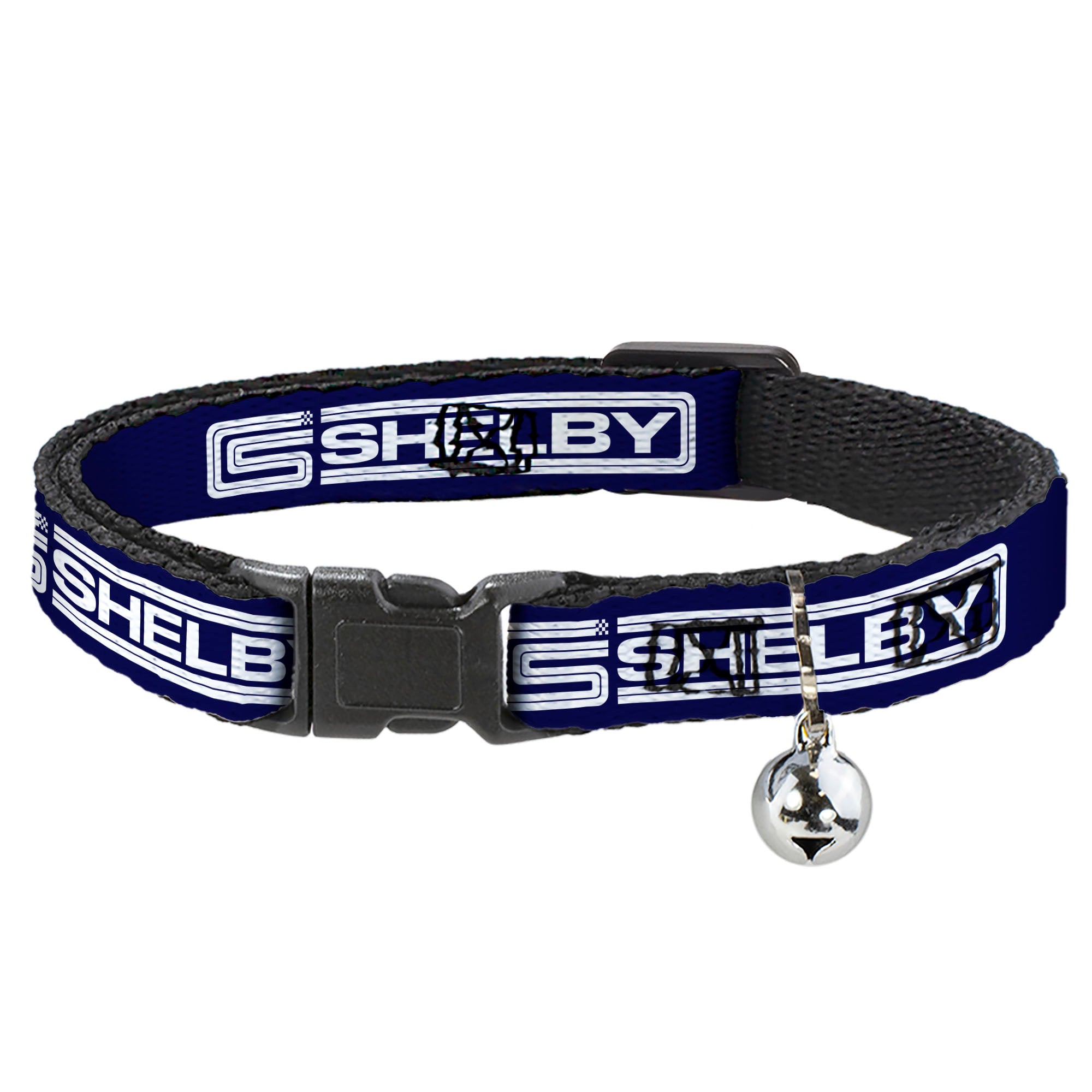 Cat Collar Breakaway with Bell - Carroll Shelby CS SHELBY Racing Logo Block Navy White - NARROW Fits 8.5-12" Breakaway Cat Collars Shelby
