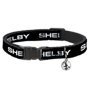 Cat Collar Breakaway with Bell - SHELBY Text Only Black White - NARROW Fits 8.5-12" Breakaway Cat Collars Shelby