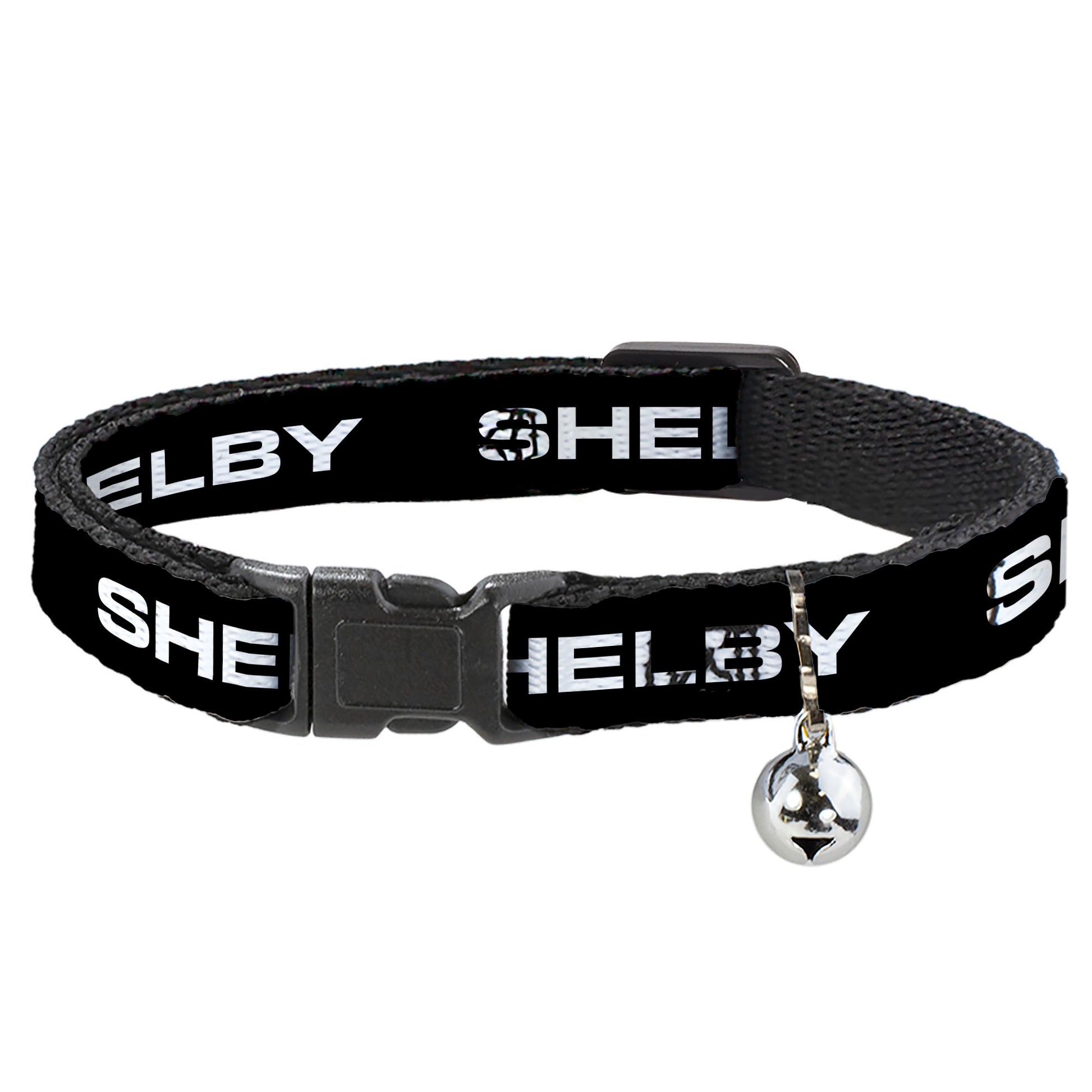 Cat Collar Breakaway with Bell - SHELBY Text Only Black White - NARROW Fits 8.5-12" Breakaway Cat Collars Shelby