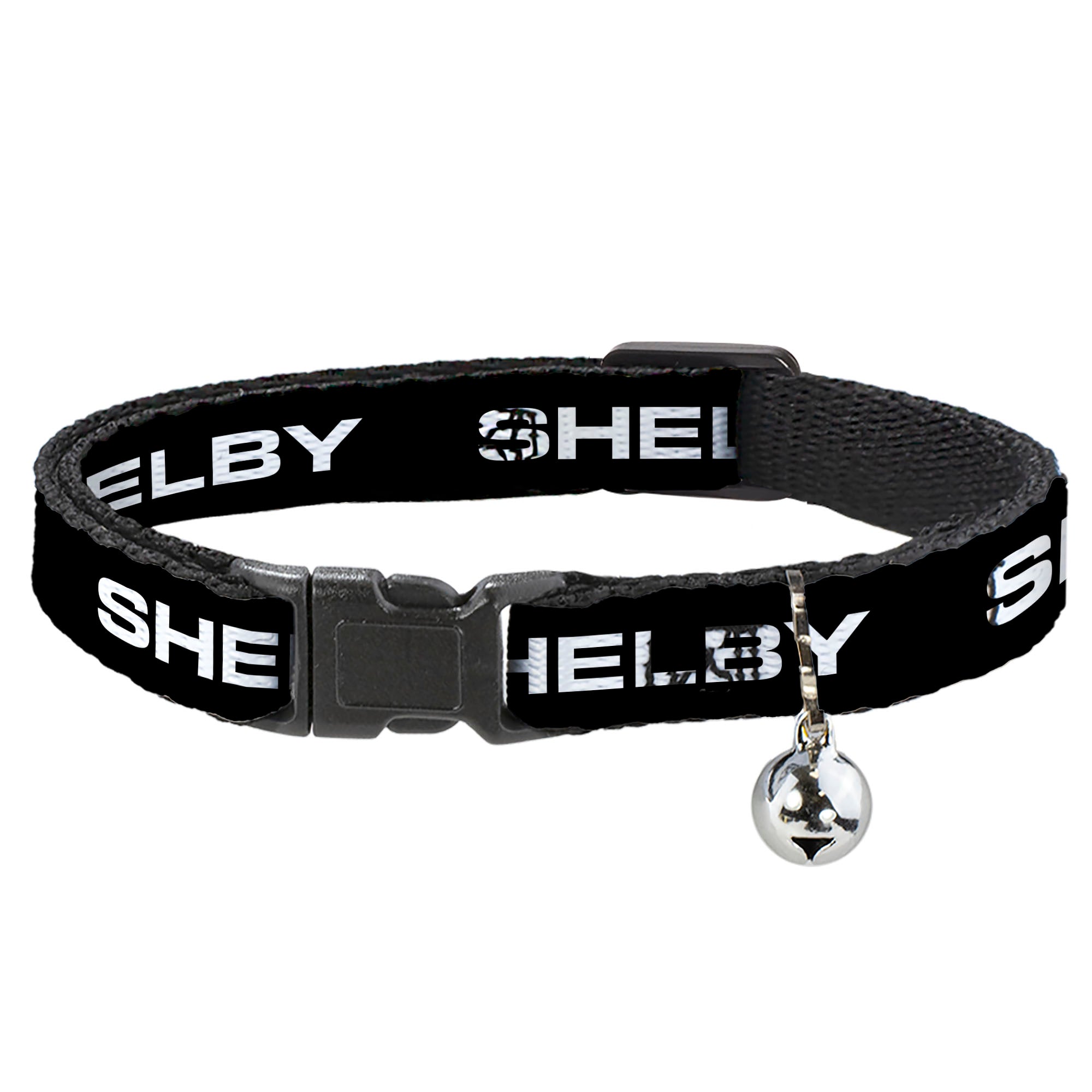 Cat Collar Breakaway with Bell - SHELBY Text Only Black White - NARROW Fits 8.5-12" Breakaway Cat Collars Shelby