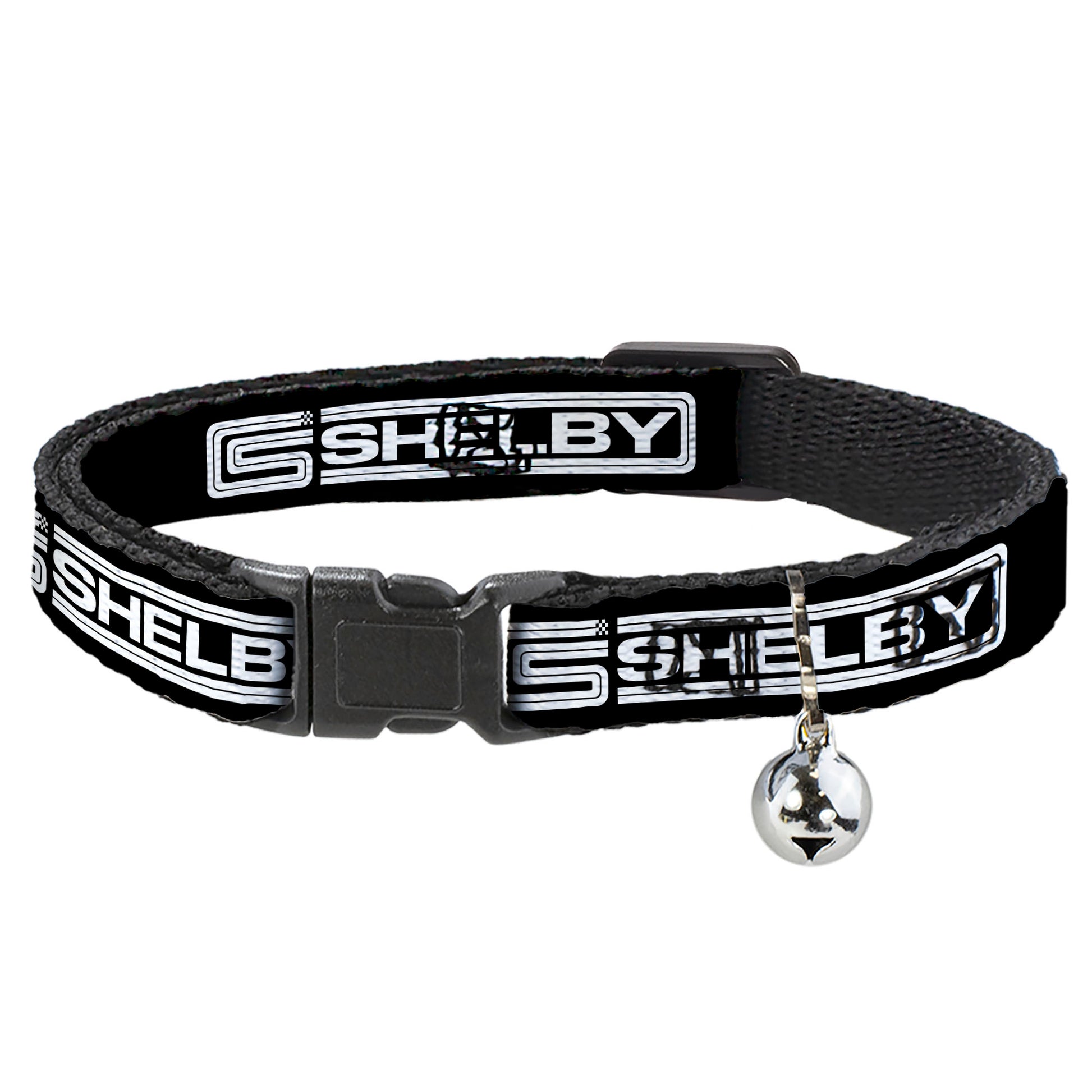 Cat Collar Breakaway with Bell - Carroll Shelby CS SHELBY Racing Logo Block Black White - NARROW Fits 8.5-12" Breakaway Cat Collars Shelby