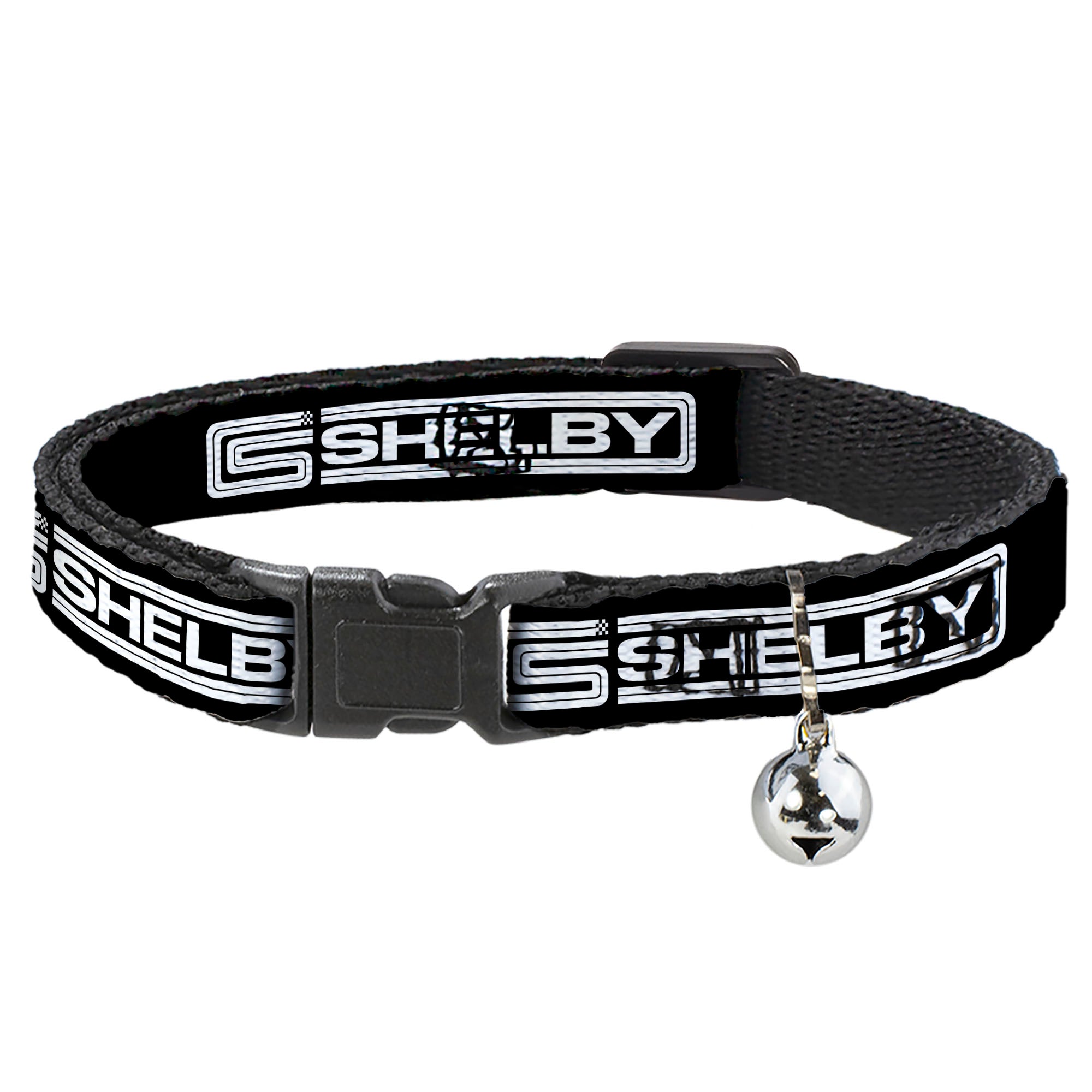 Cat Collar Breakaway with Bell - Carroll Shelby CS SHELBY Racing Logo Block Black White - NARROW Fits 8.5-12" Breakaway Cat Collars Shelby