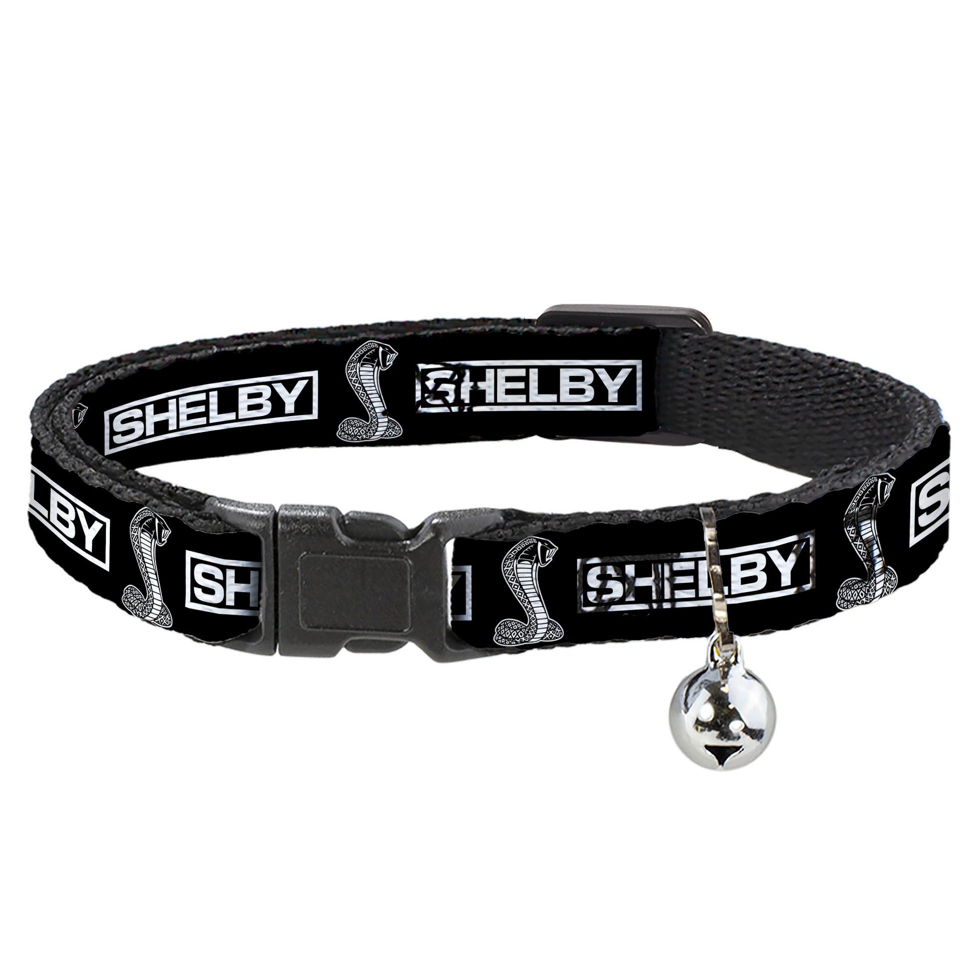 Cat Collar Breakaway with Bell - SHELBY Box Logo and Super Snake Cobra Black White - NARROW Fits 8.5-12" Breakaway Cat Collars Shelby