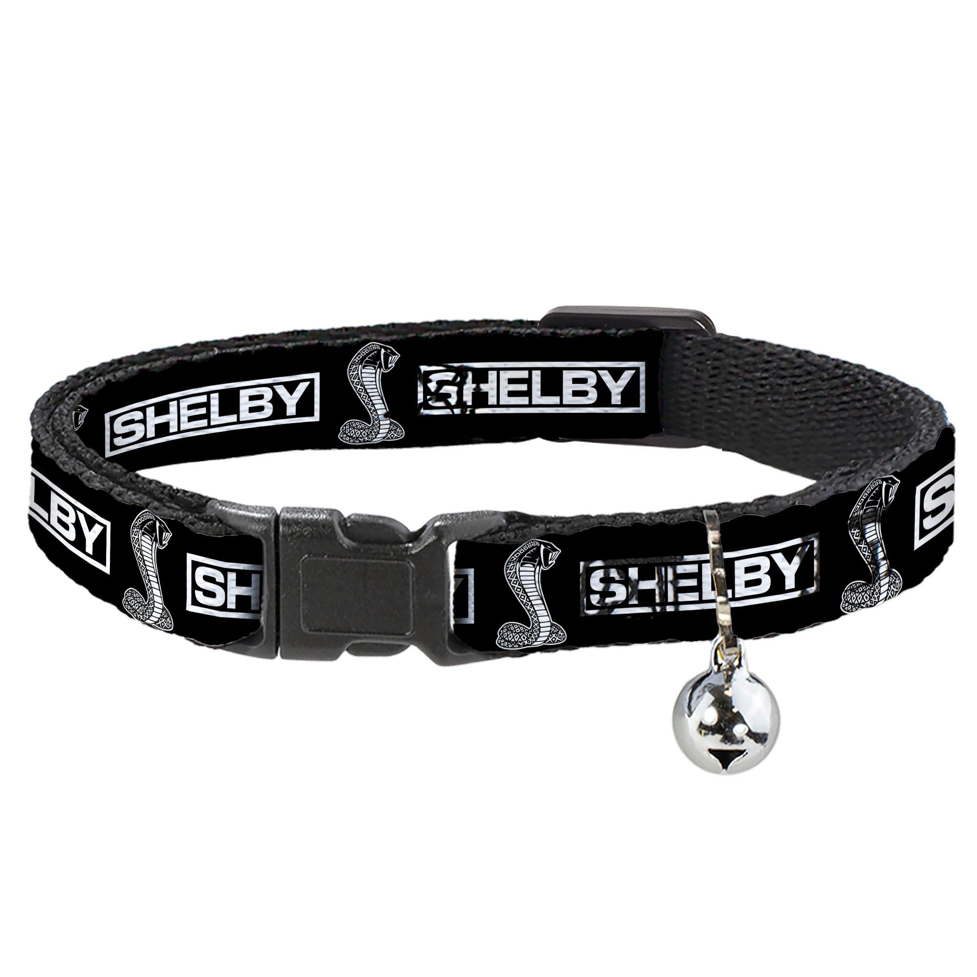 Cat Collar Breakaway with Bell - SHELBY Box Logo and Super Snake Cobra Black White - NARROW Fits 8.5-12" Breakaway Cat Collars Shelby