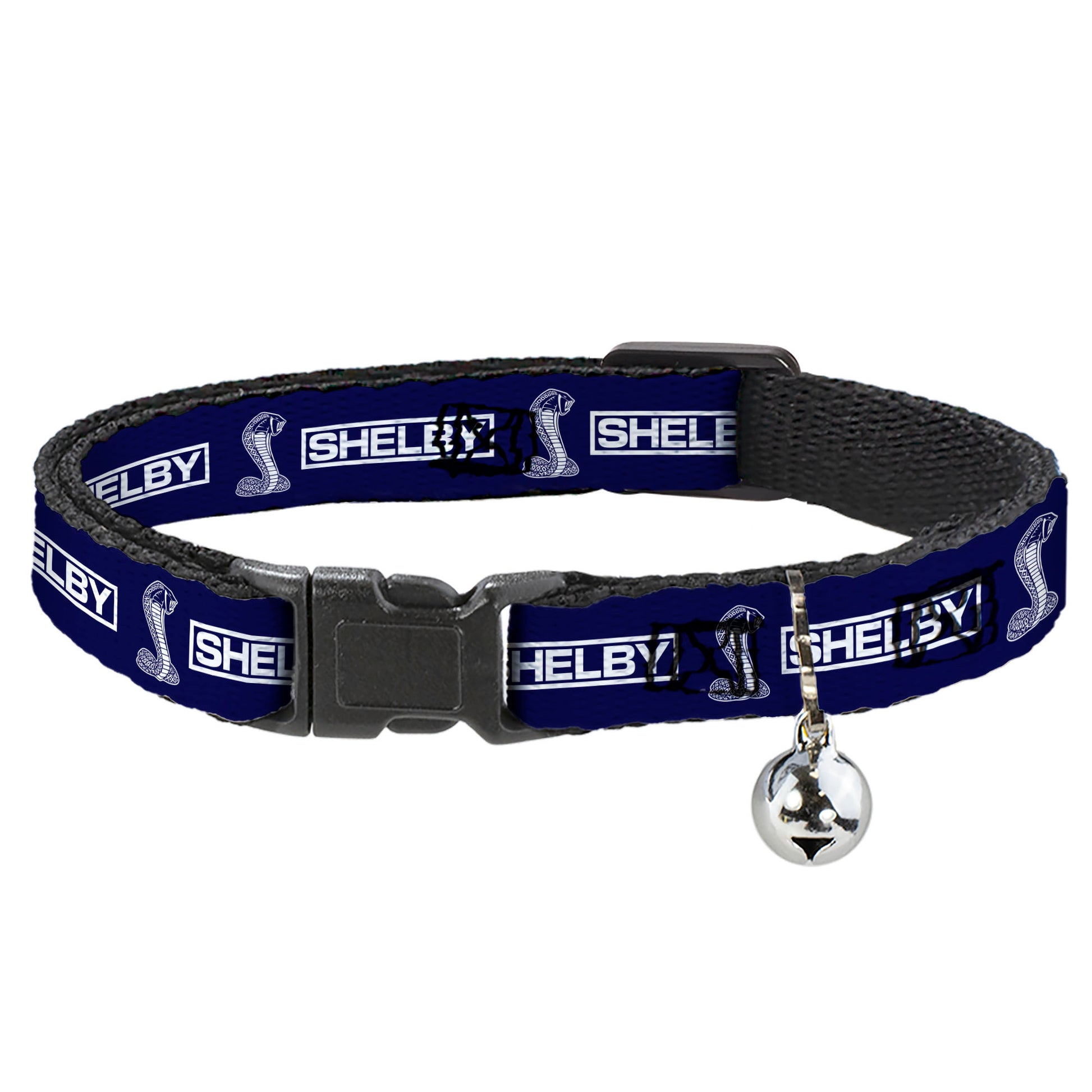 Cat Collar Breakaway with Bell - SHELBY Box Logo and Super Snake Cobra Blue White - NARROW Fits 8.5-12" Breakaway Cat Collars Shelby