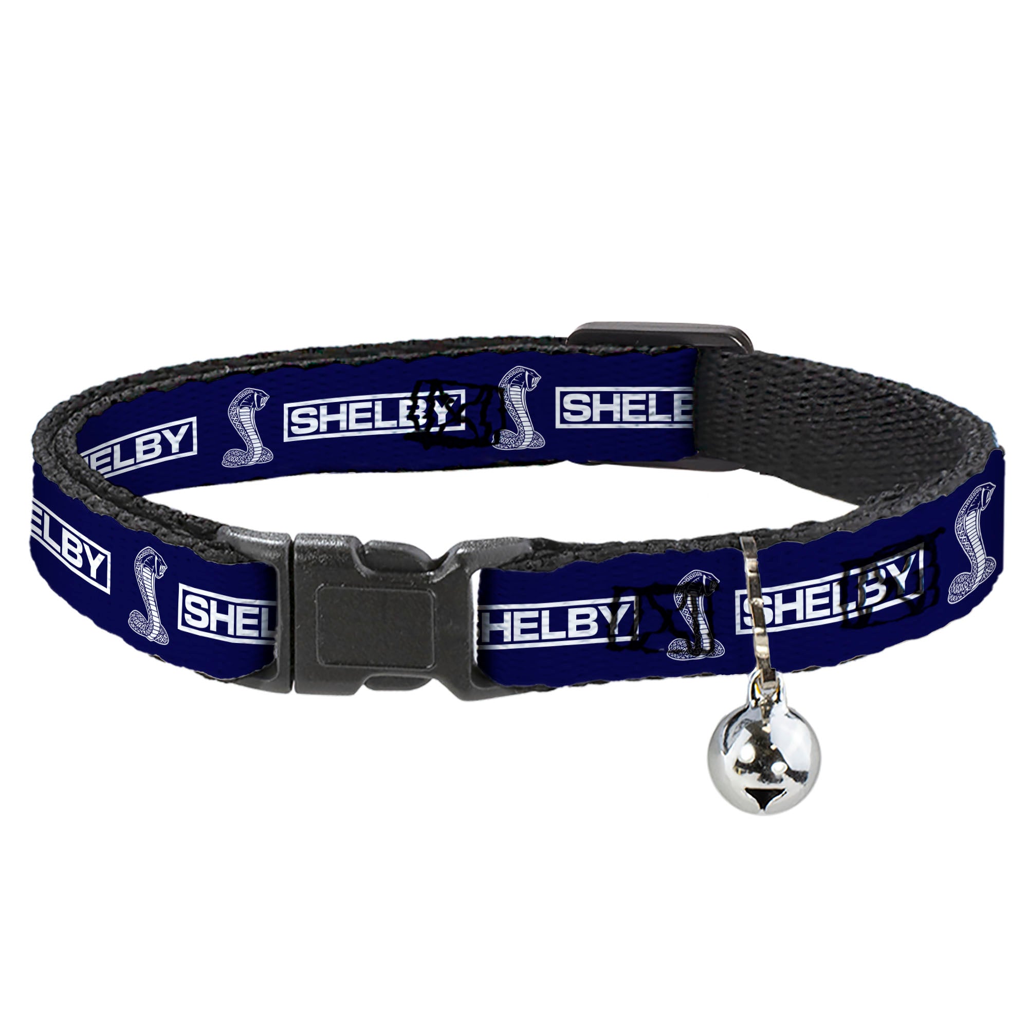 Cat Collar Breakaway with Bell - SHELBY Box Logo and Super Snake Cobra Blue White - NARROW Fits 8.5-12" Breakaway Cat Collars Shelby