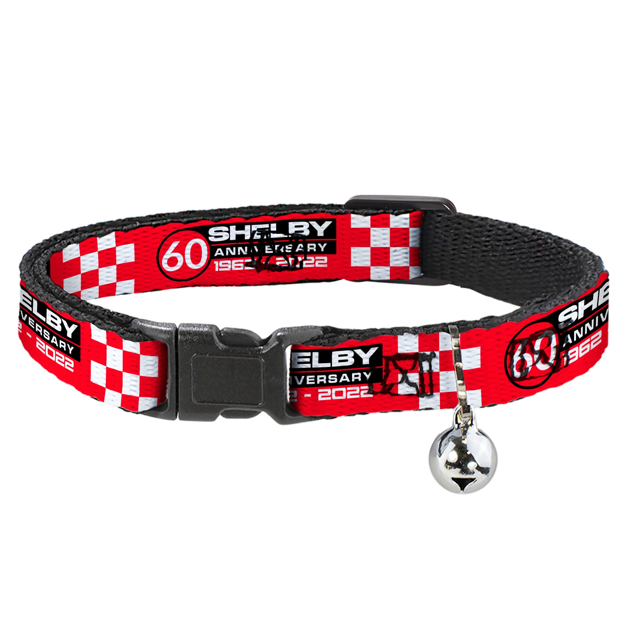 Cat Collar Breakaway with Bell - SHELBY 60th ANNIVERSARY Checker Red Black White - NARROW Fits 8.5-12" Breakaway Cat Collars Shelby