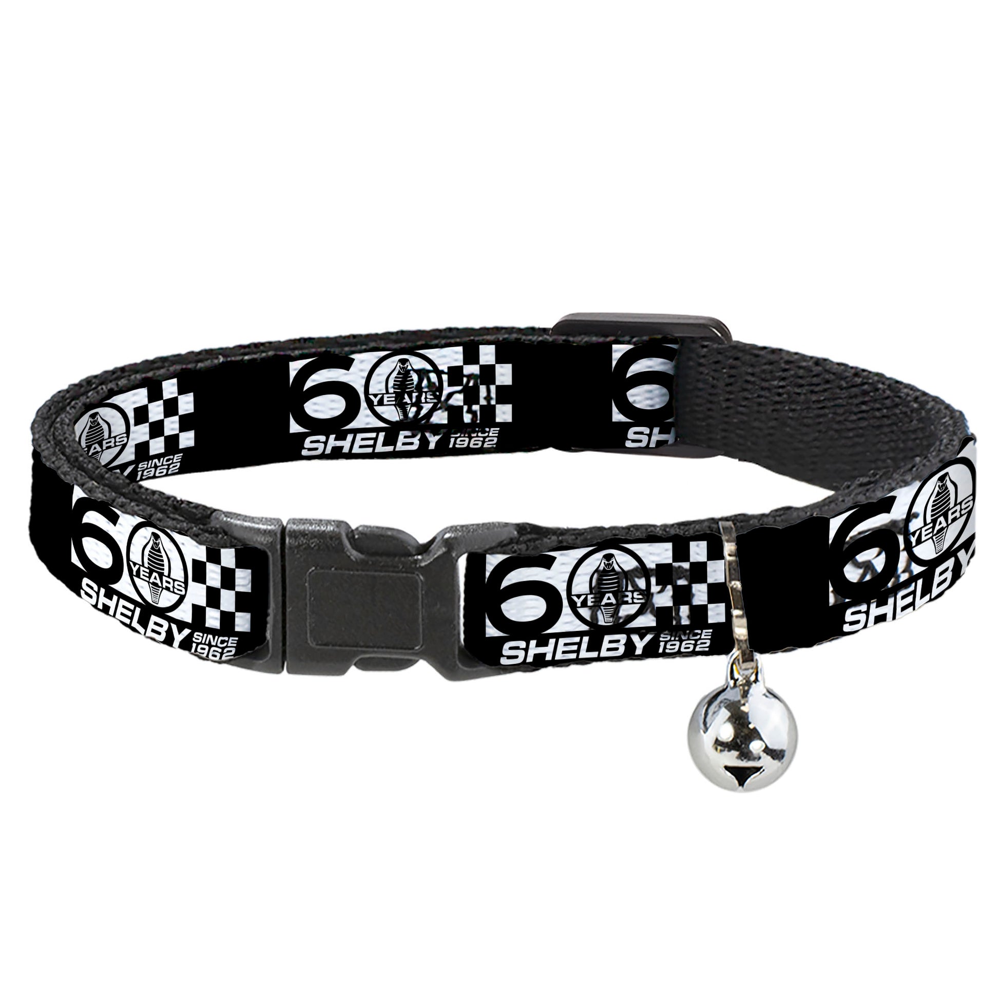Cat Collar Breakaway with Bell - SHELBY 60 YEARS SINCE 1962 Checker Black White - NARROW Fits 8.5-12" Breakaway Cat Collars Shelby