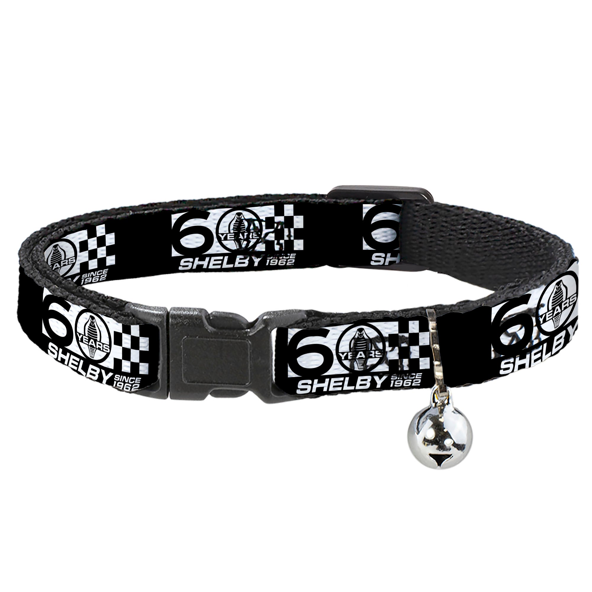 Cat Collar Breakaway with Bell - SHELBY 60 YEARS SINCE 1962 Checker Black White - NARROW Fits 8.5-12" Breakaway Cat Collars Shelby