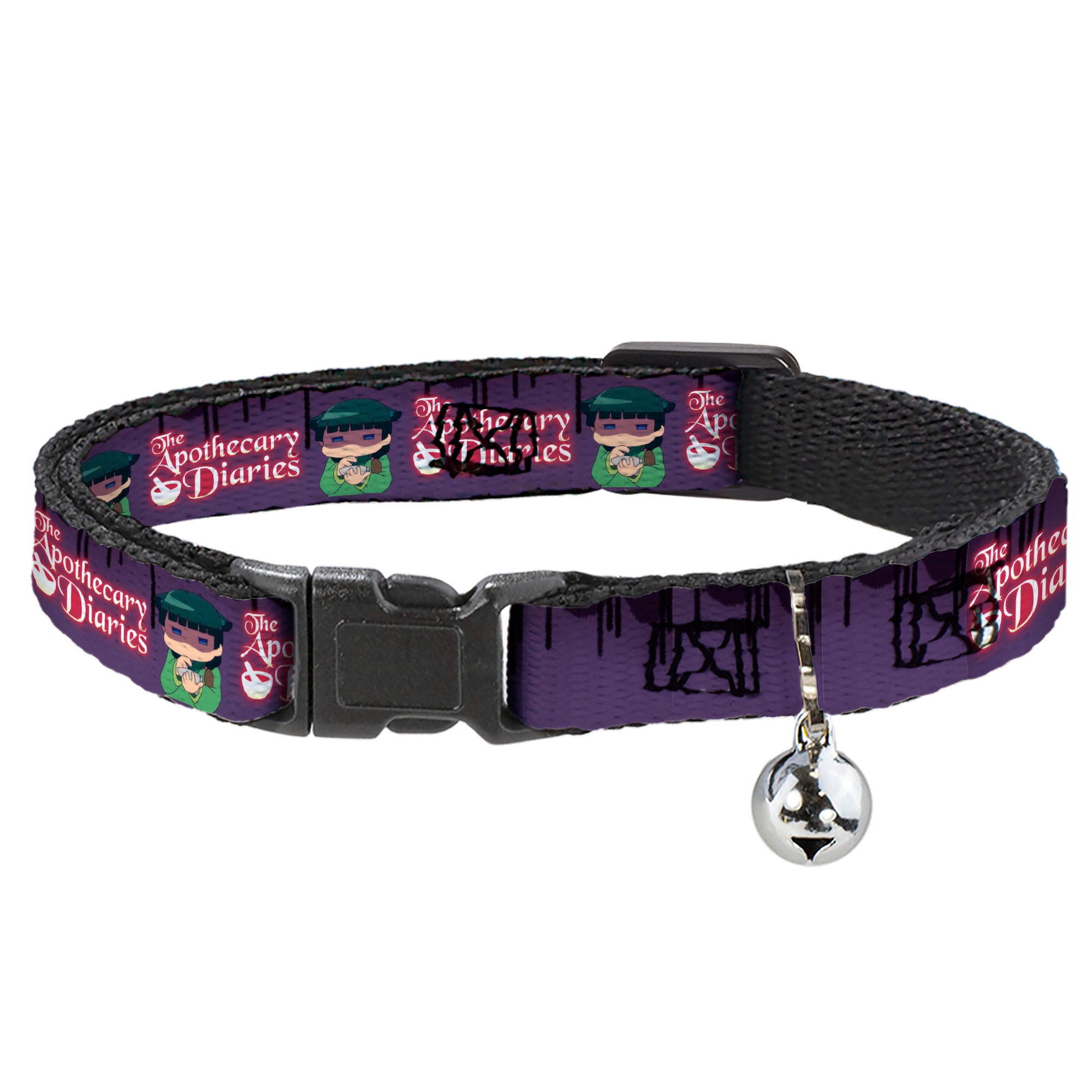 Breakaway Cat Collar with Bell - THE APOTHECARY DIARIES Chibi Maomao Pose and Title Logo Purple Breakaway Cat Collars The Apothecary Diaries
