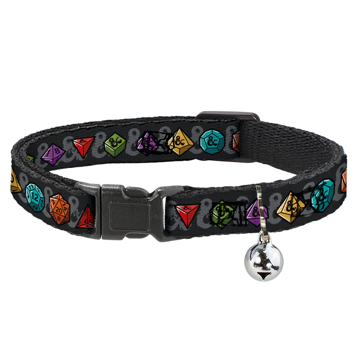 Breakaway Cat Collar with Bell - Dungeons & Dragons Dice and Ampersand Logo Dark Gray/Multi Color Cat Collars Breakaway Side Release Dungeons & Dragons
