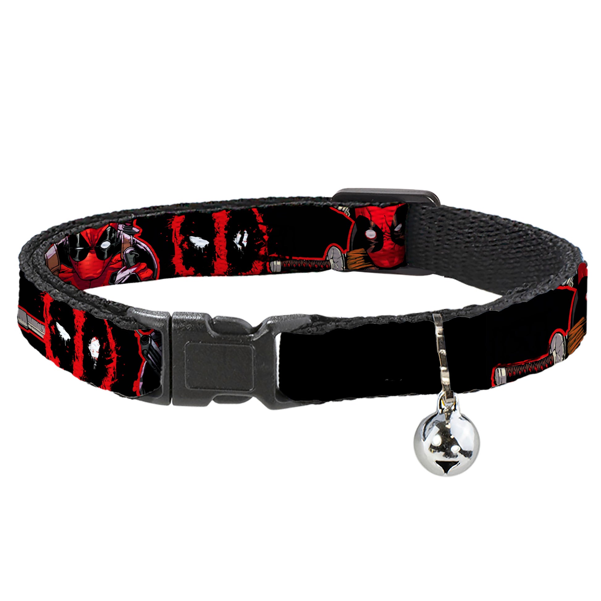 Breakaway Cat Collar with Bell - Deadpool 2-Action Poses/Splatter Logo Black/Red/White Breakaway Cat Collars Marvel Comics