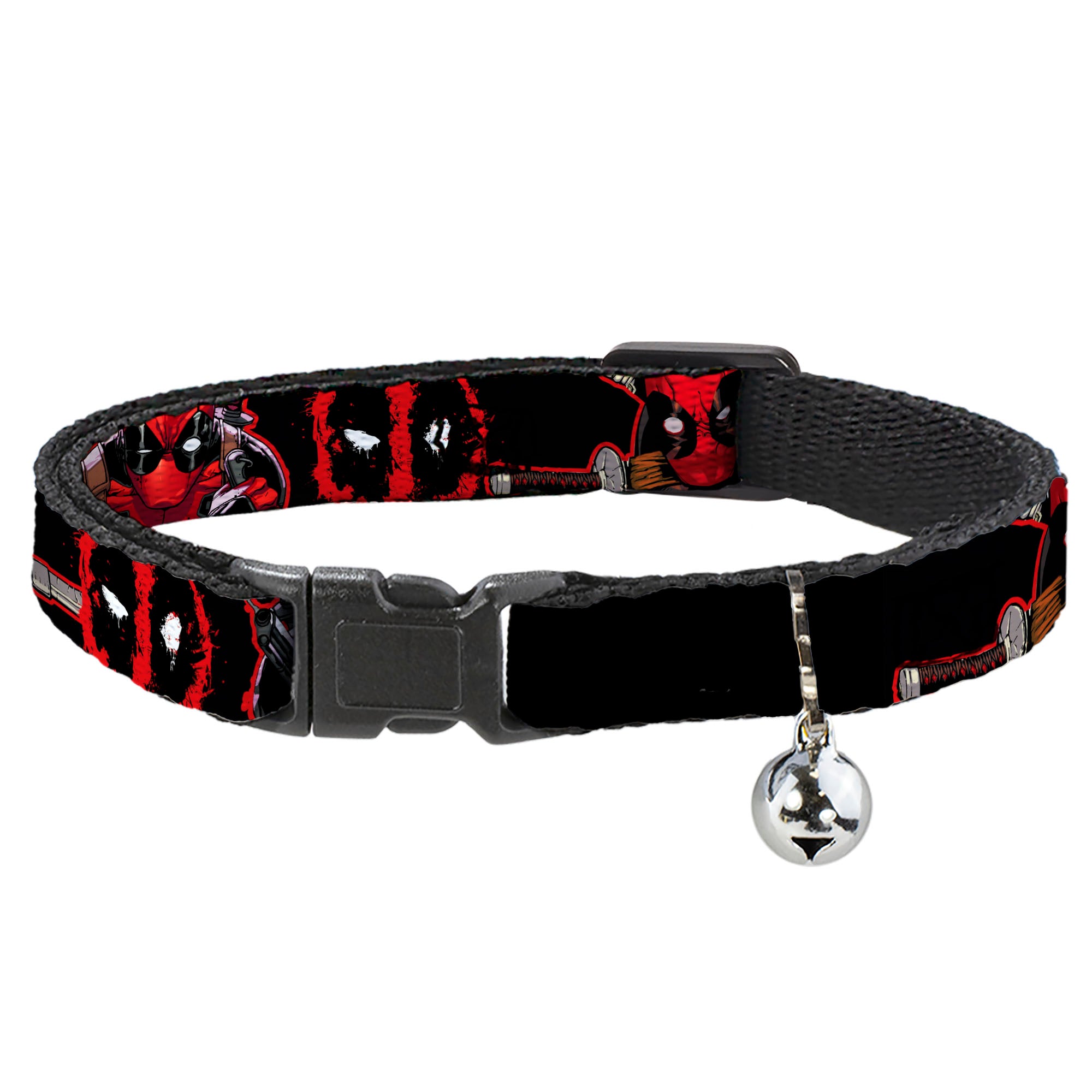 Breakaway Cat Collar with Bell - Deadpool 2-Action Poses/Splatter Logo Black/Red/White Breakaway Cat Collars Marvel Comics
