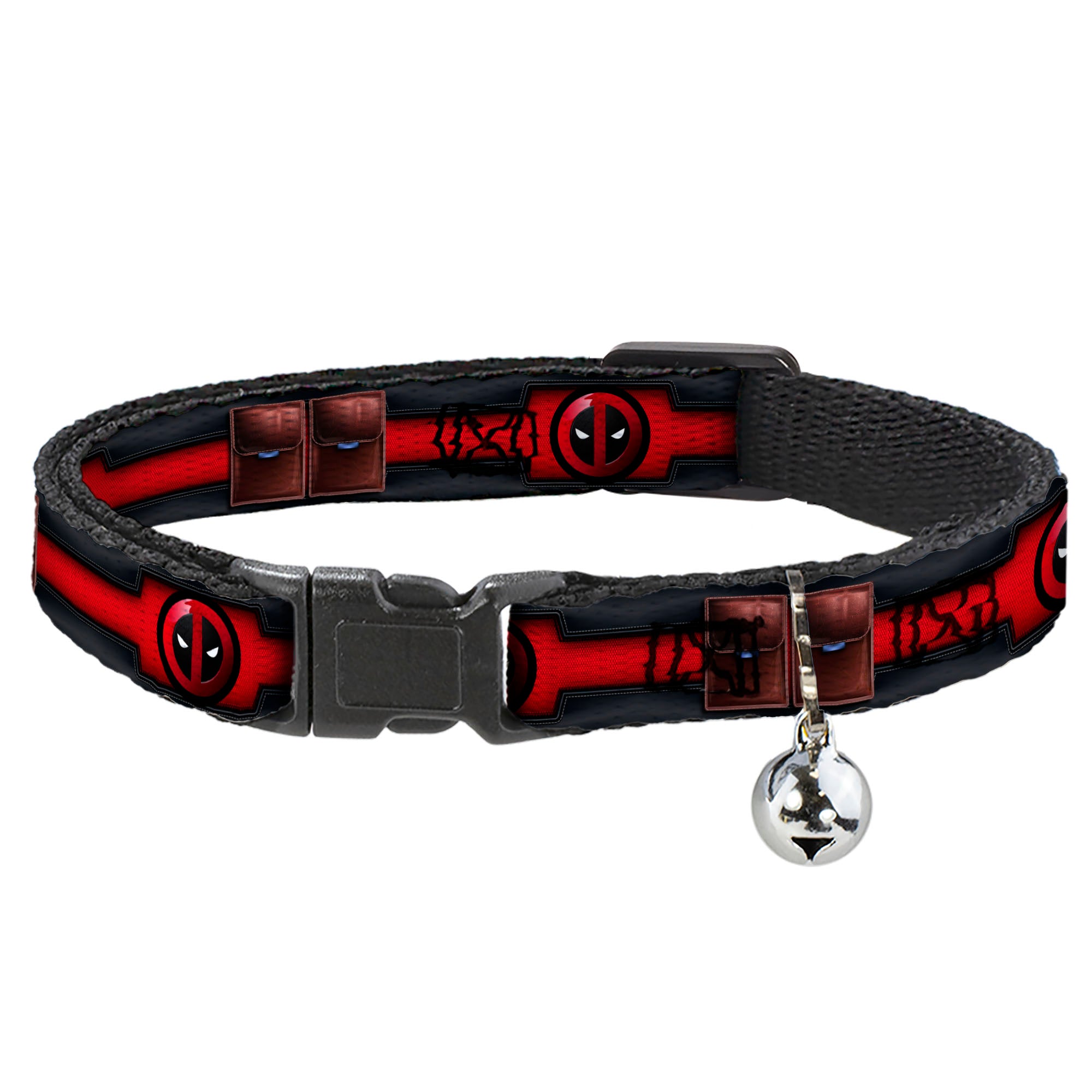 MARVEL DEADPOOL Cat Collar Breakaway - Deadpool Utility Belt Logo Pockets Black Reds Browns Breakaway Cat Collars Marvel Comics