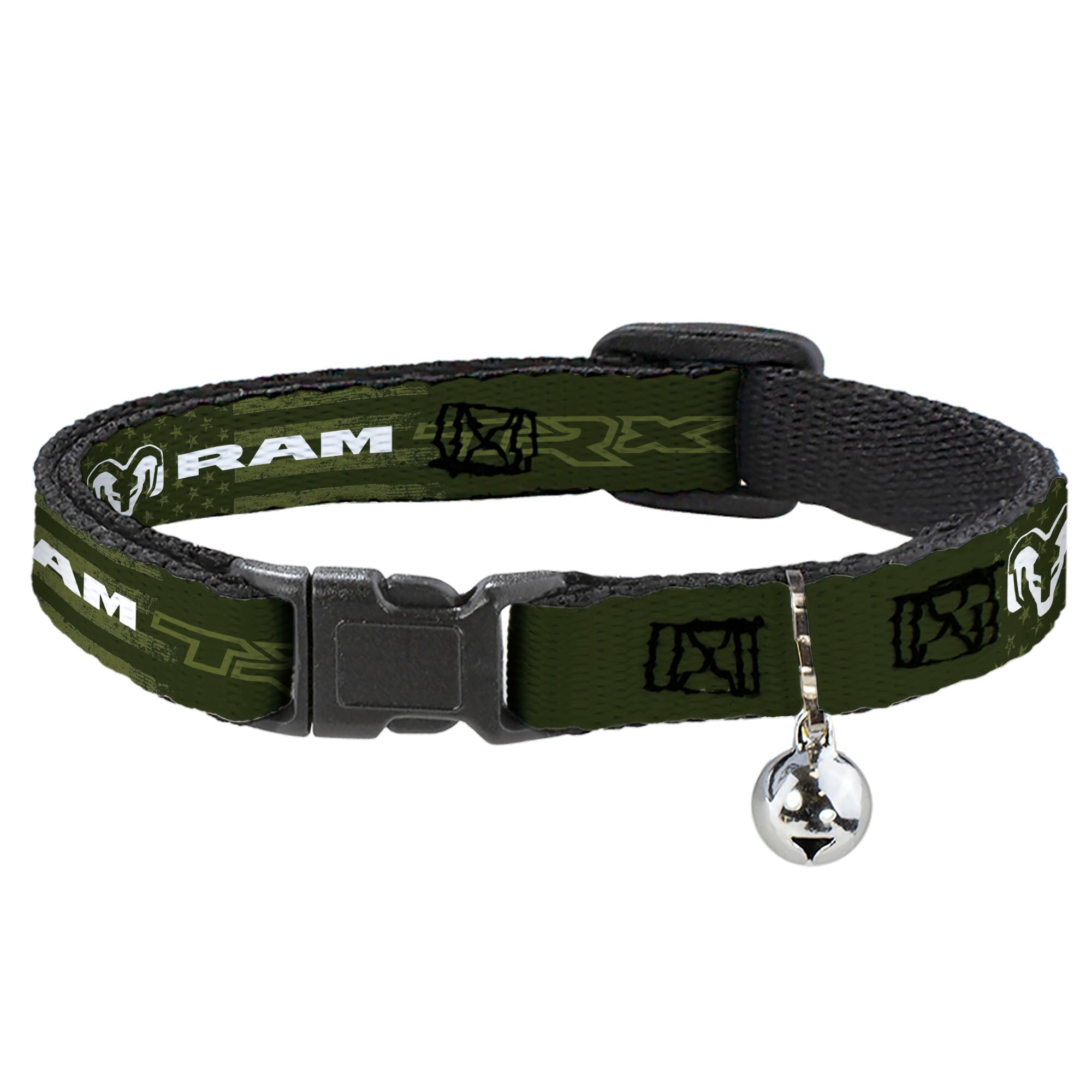 Breakaway Cat Collar with Bell - RAM TRX Text and Logo Americana Weathered Olive/White Breakaway Cat Collars Ram