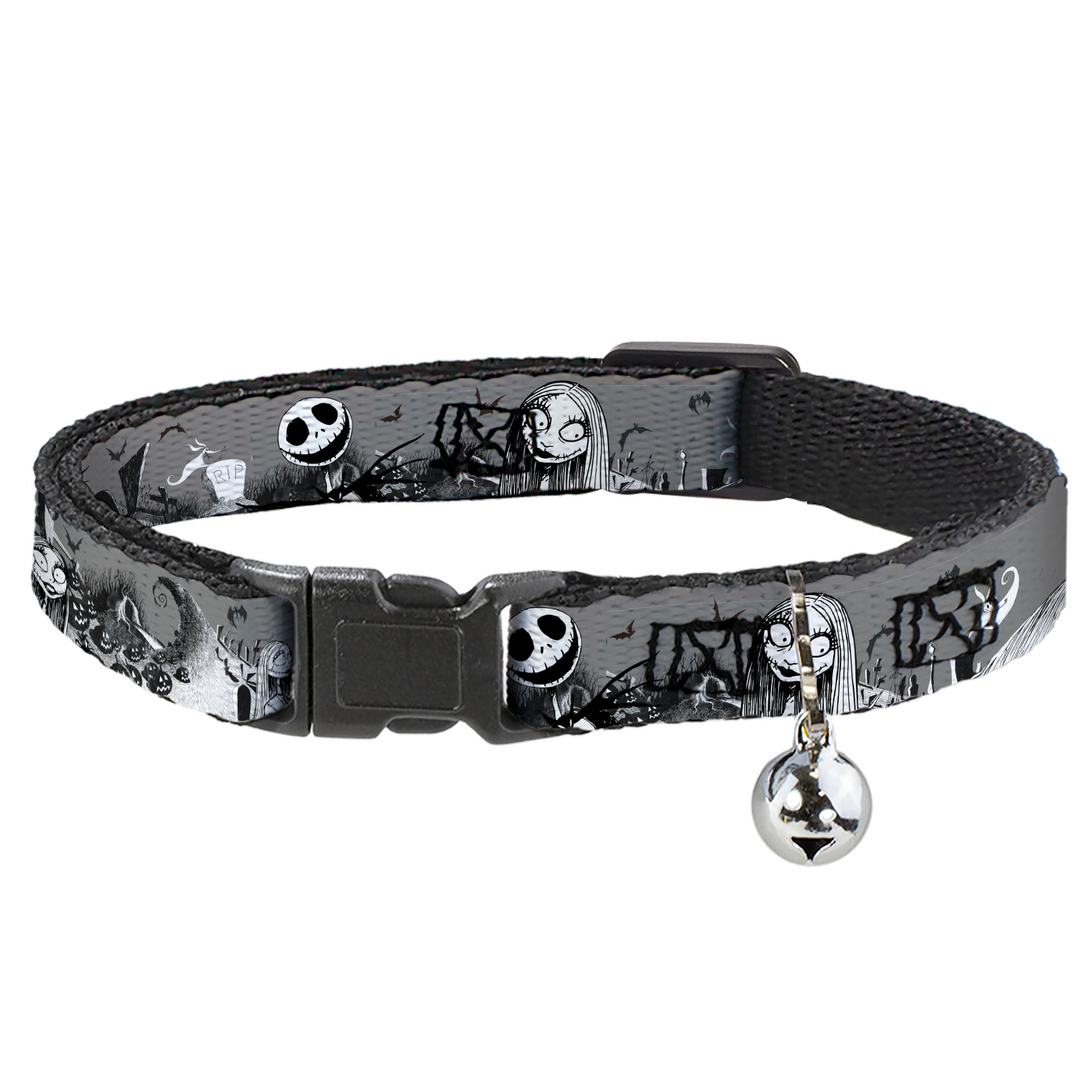 Cat Collar Breakaway - Nightmare Before Christmas Jack & Sally Cemetery Scene Gray Black White Breakaway Cat Collars Disney