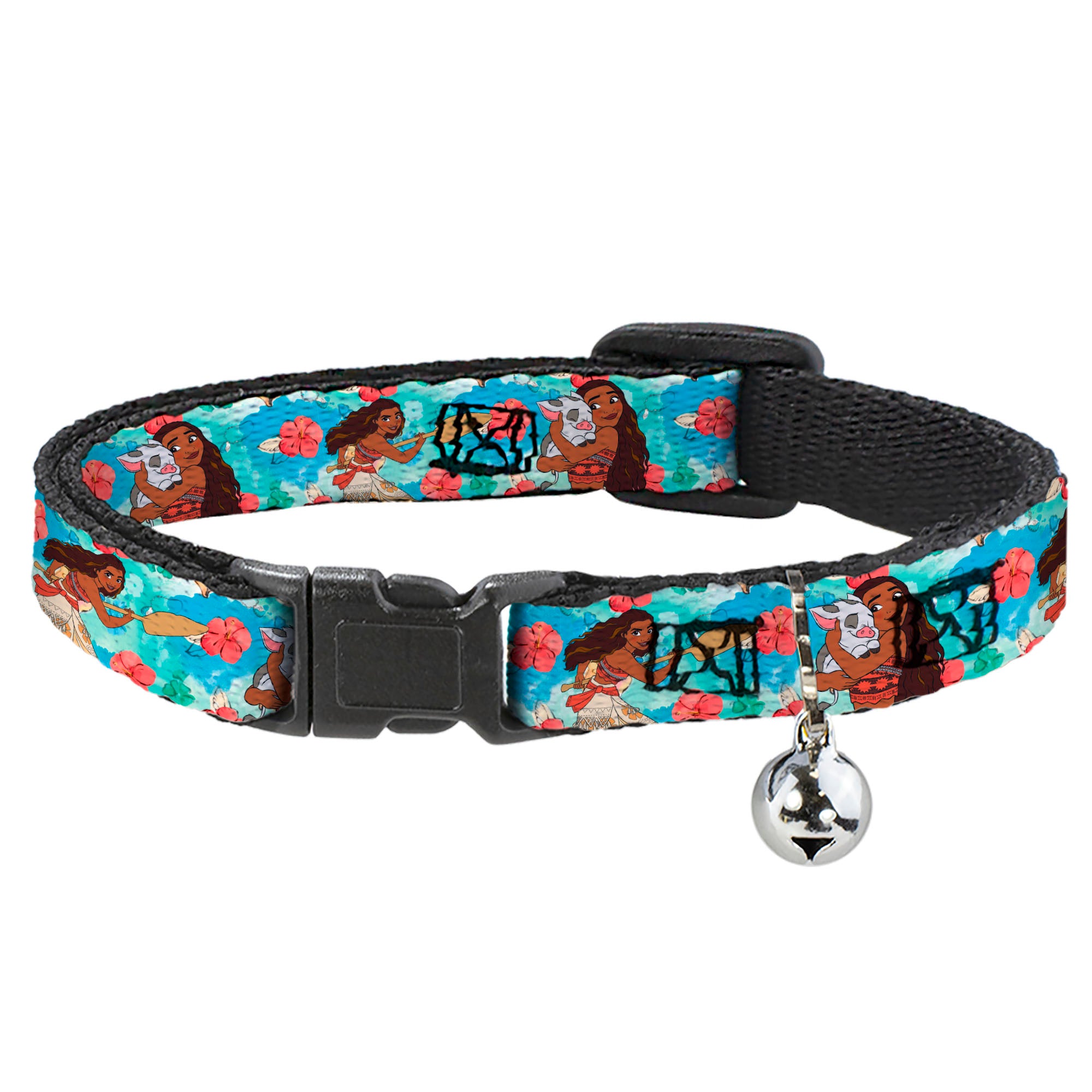 Breakaway Cat Collar with Bell - Moana Poses and Pua Flowers Blues Breakaway Cat Collars Disney