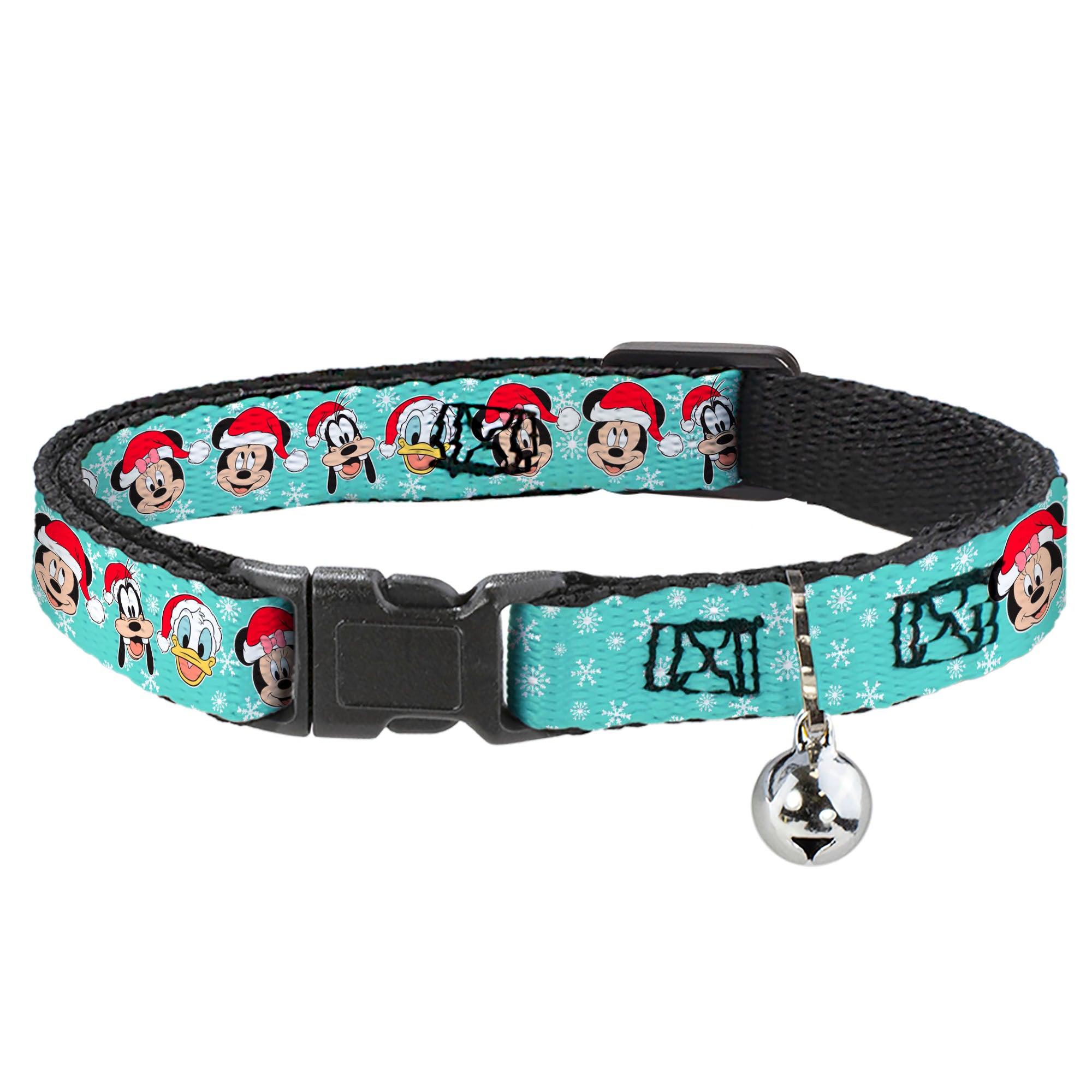 Breakaway Cat Collar with Bell - Holiday Mickey and Friends Santa Hat Poses Snowflakes Light Blue/White