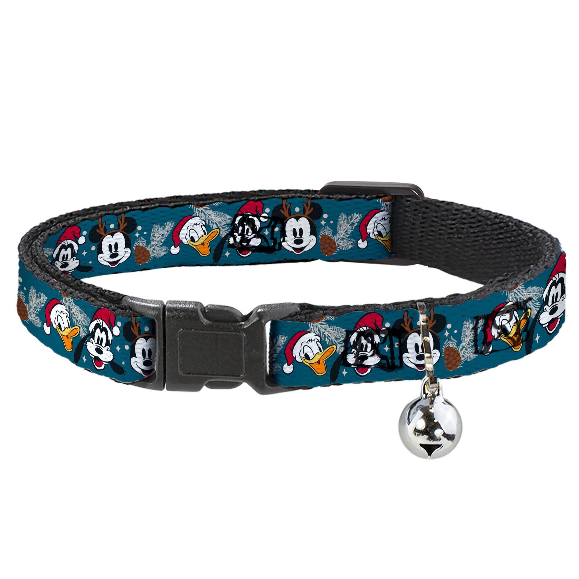 Breakaway Cat Collar with Bell - Christmas Holiday Donald Goofy and Mickey Faces and Pine Cones Blue Breakaway Cat Collars Disney
