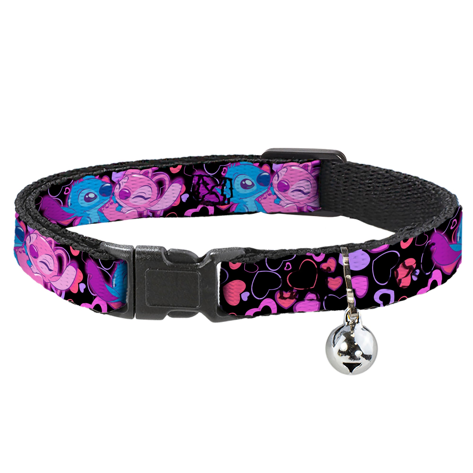 Breakaway Cat Collar with Bell - Stitch and Angel Hugging Pose Black