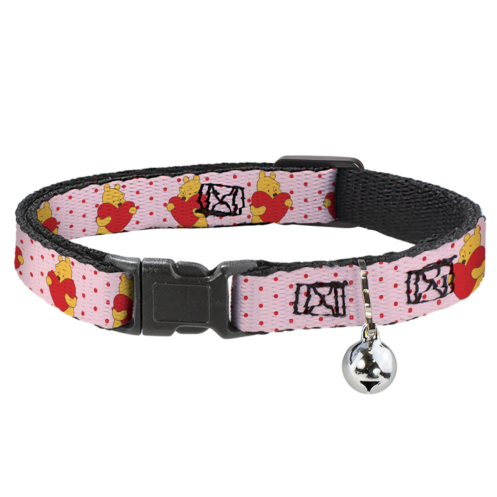 Breakaway Cat Collar with Bell - Winnie the Pooh Hugging Heart Valentine's Day Pose Pink/Red