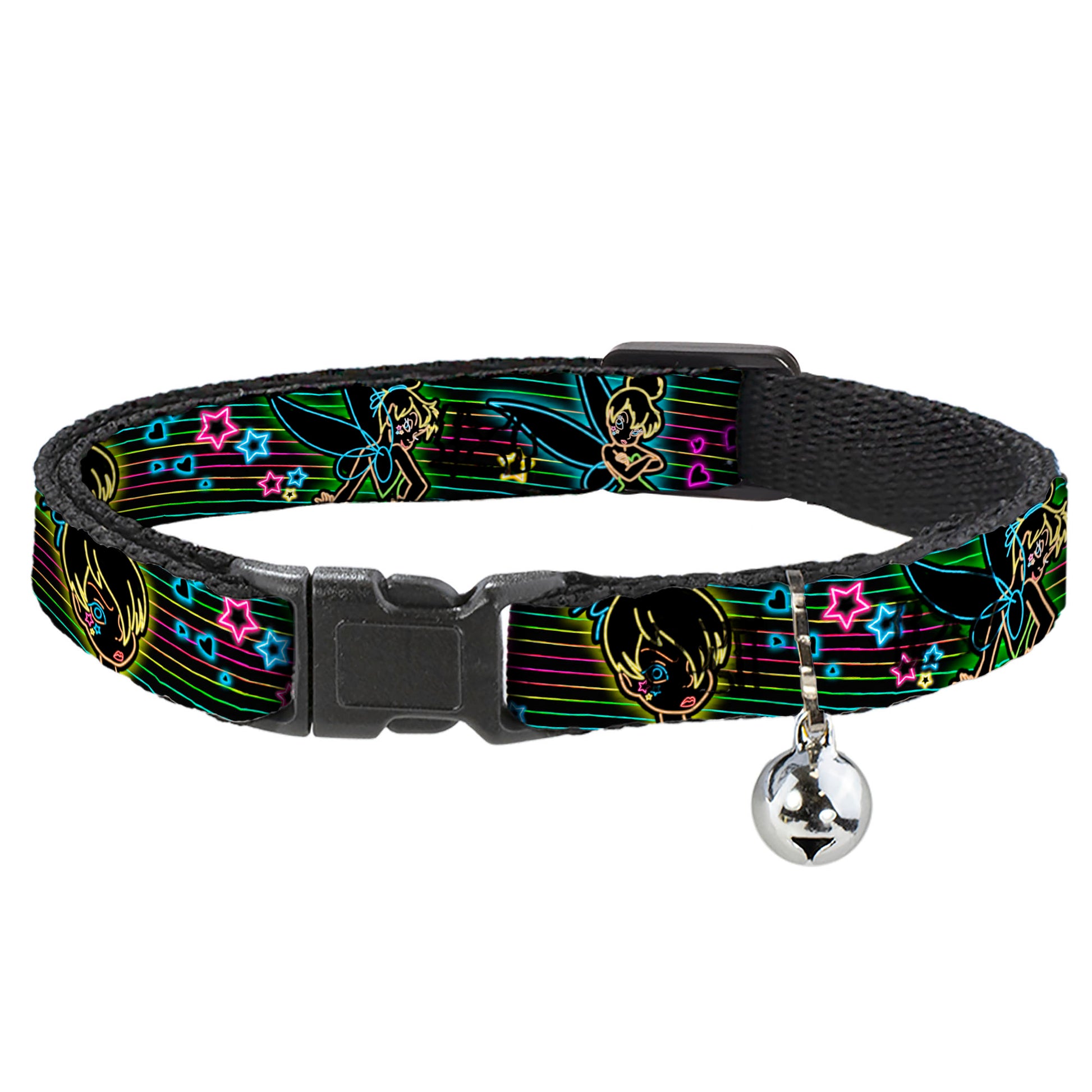Cat Collar Breakaway - Electric Tinkerbell Poses Stripes Black Multi Neon Breakaway Cat Collars Disney