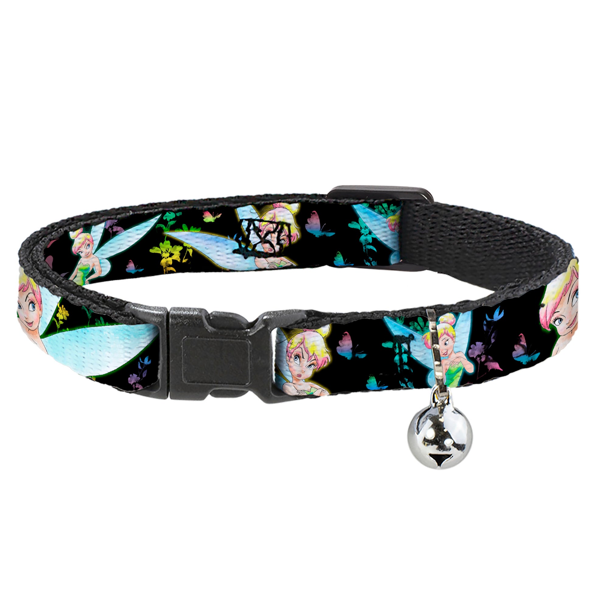 Breakaway Cat Collar with Bell - Glowing Tinker Bell Poses/Butterflies & Flowers Black/Multi Neon Breakaway Cat Collars Disney