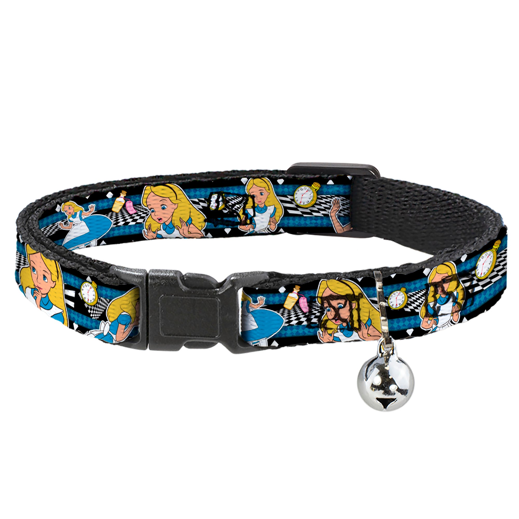 Cat Collar Breakaway - Alice in Wonderland Poses Clock Bottle Diamond Stripe Black White Blues Breakaway Cat Collars Disney