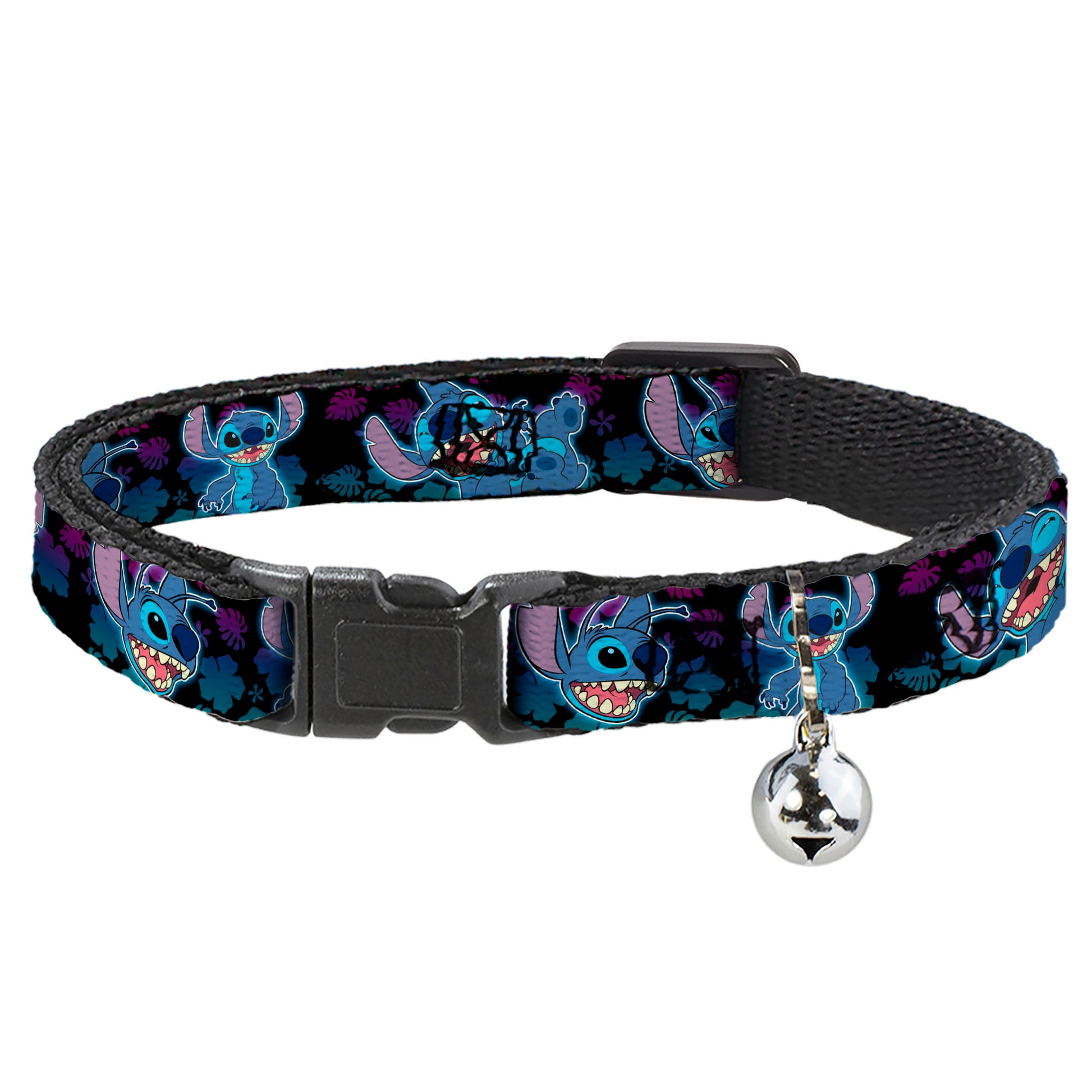Breakaway Cat Collar with Bell - Stitch 2-Expressions/2-Poses Tropical Flora Black/Purple-Blue Fade Breakaway Cat Collars Disney