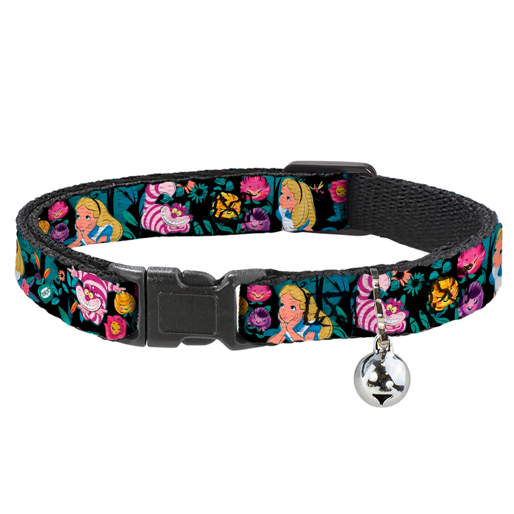 Cat Collar Breakaway - Alice Cheshire Cat Flowers Poses Black Multi Color Breakaway Cat Collars Disney