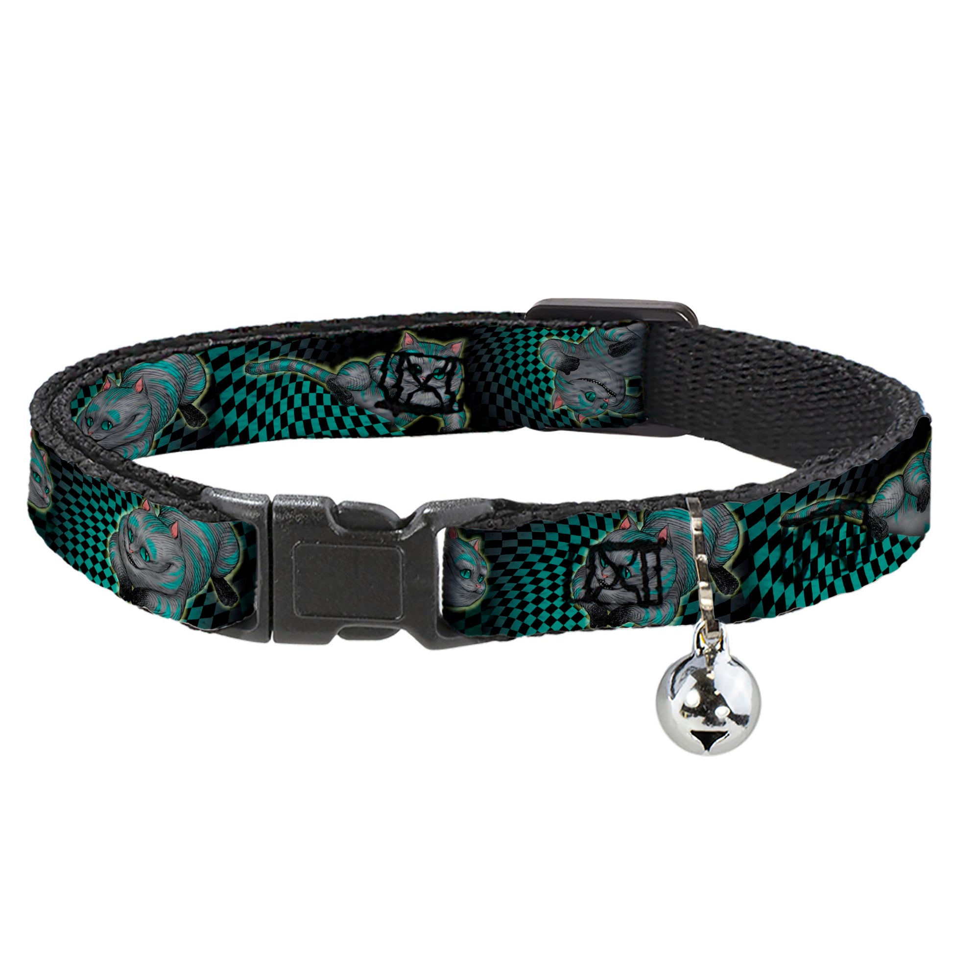 Cat Collar Breakaway - Cheshire Cat 4-Poses Checkers Teal Black Breakaway Cat Collars Disney
