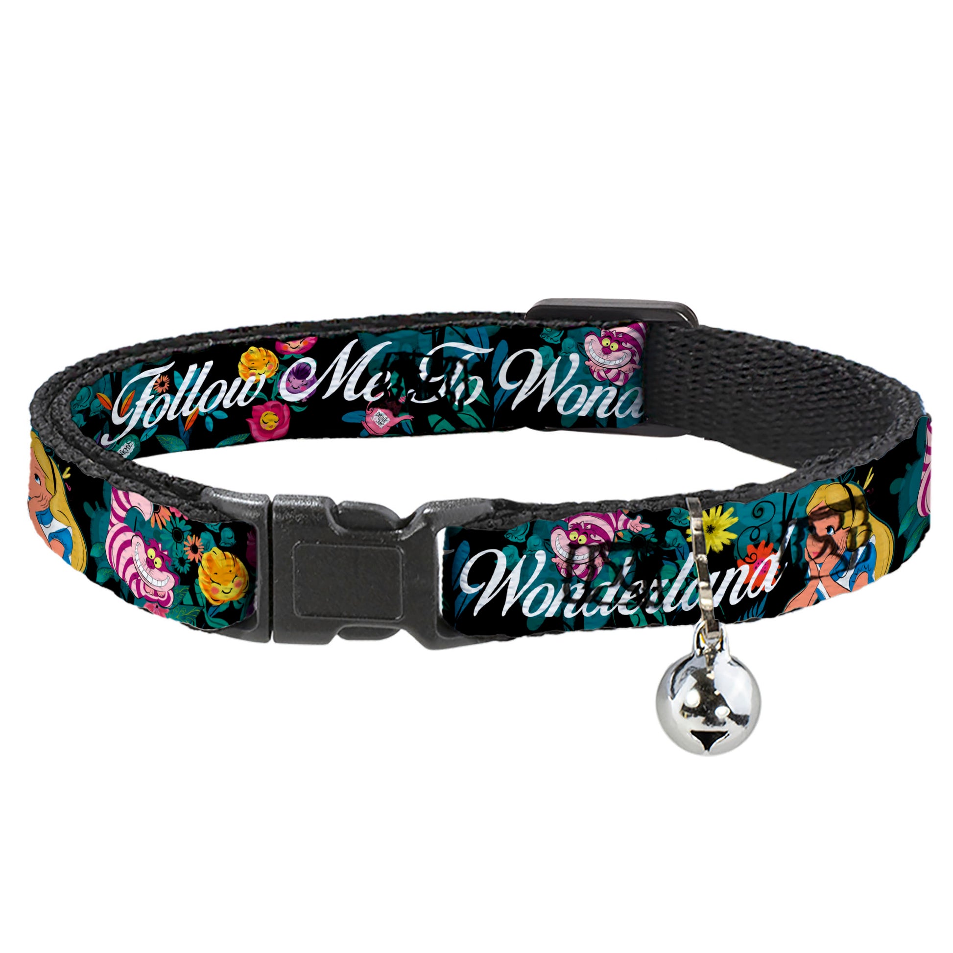 Cat Collar Breakaway - Alice Cheshire Cat Flowers Poses2 FOLLOW ME TO WONDERLAND Black Multi Color White Breakaway Cat Collars Disney