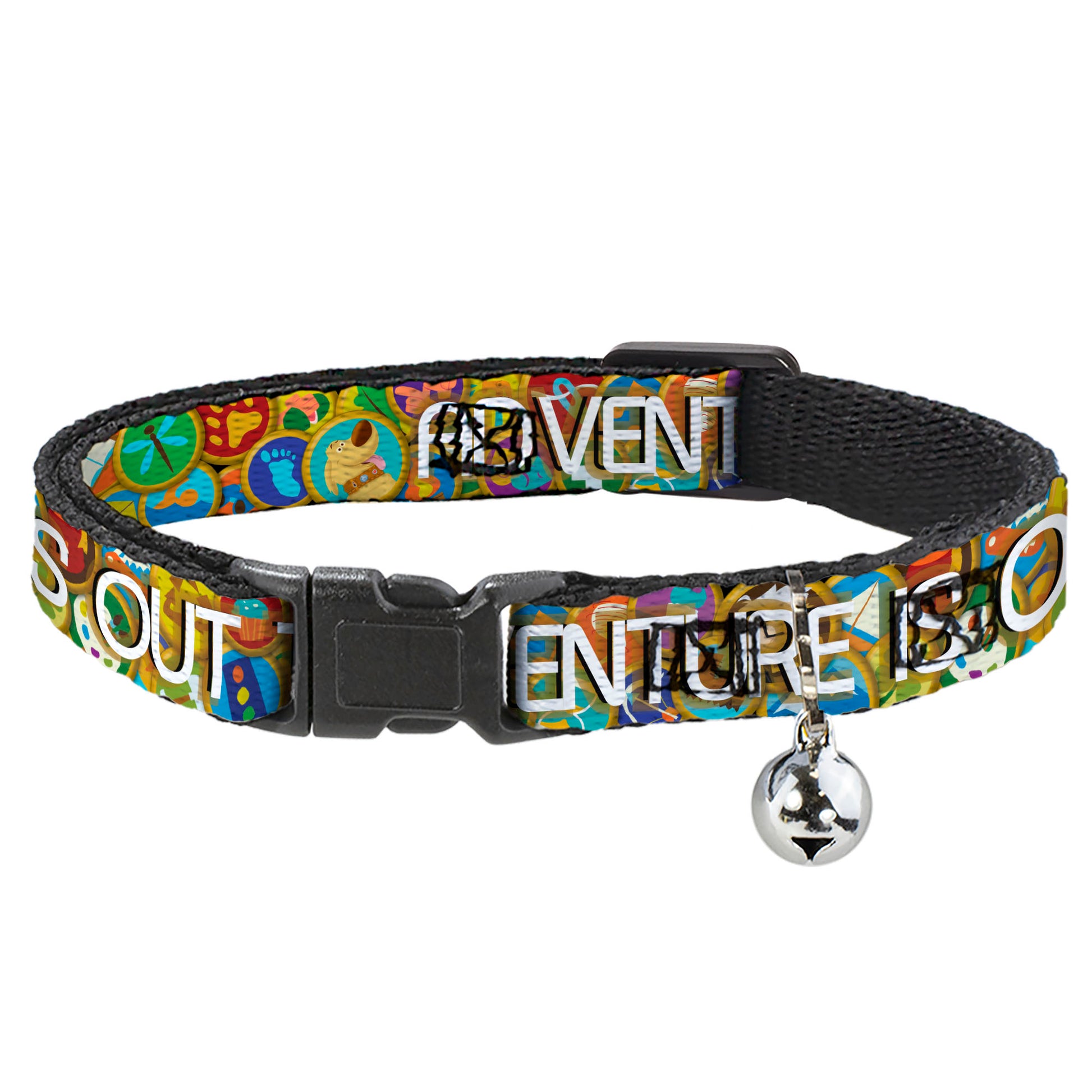 Cat Collar Breakaway - ADVENTURE IS OUT THERE Stacked Wilderness Explorer Badges Tan Multi Color White Breakaway Cat Collars Disney
