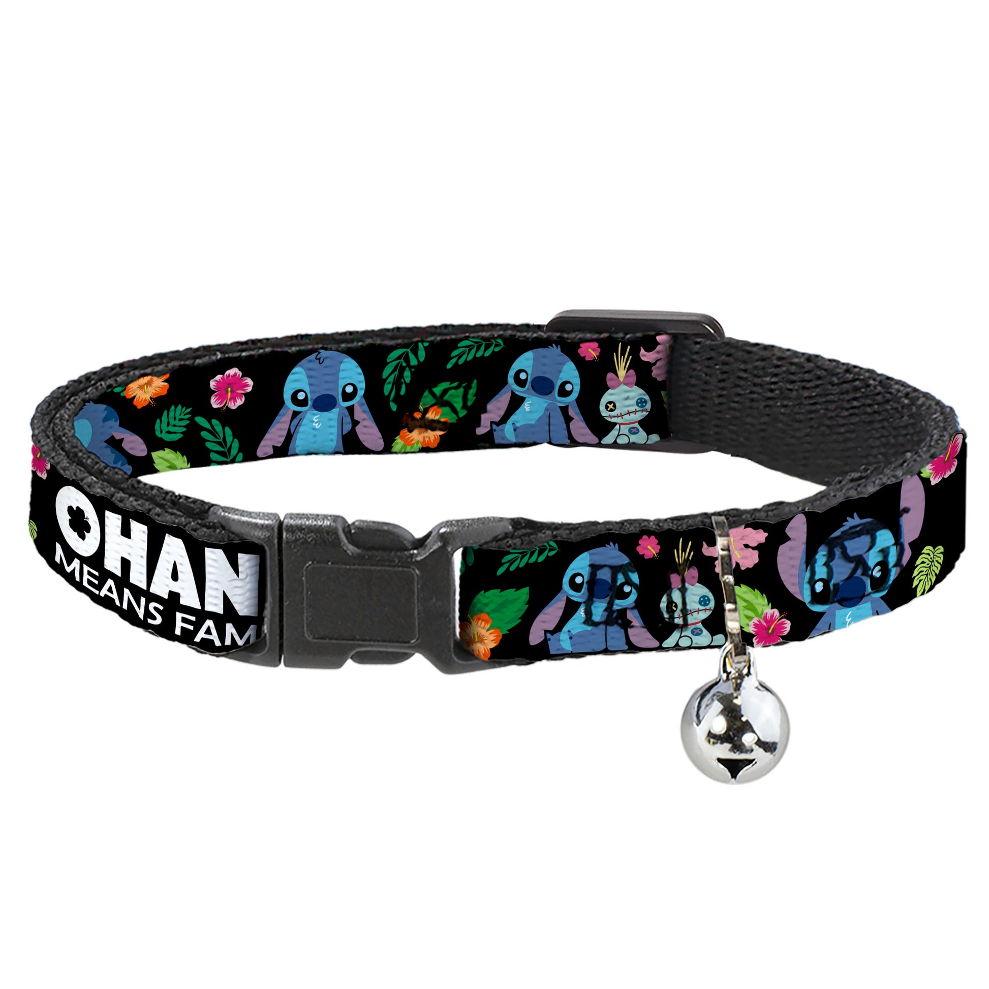 Cat Collar Breakaway - OHANA MEANS FAMILY Stitch & Scrump Poses Tropical Flora Black White Multi Color Breakaway Cat Collars Disney