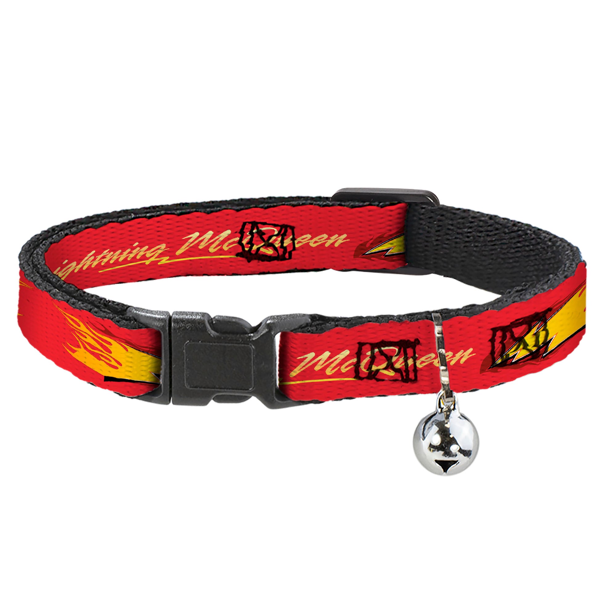 Breakaway Cat Collar with Bell - Cars LIGHTNING MC QUEEN Text with Bolt Flames Red/Yellows Breakaway Cat Collars Disney