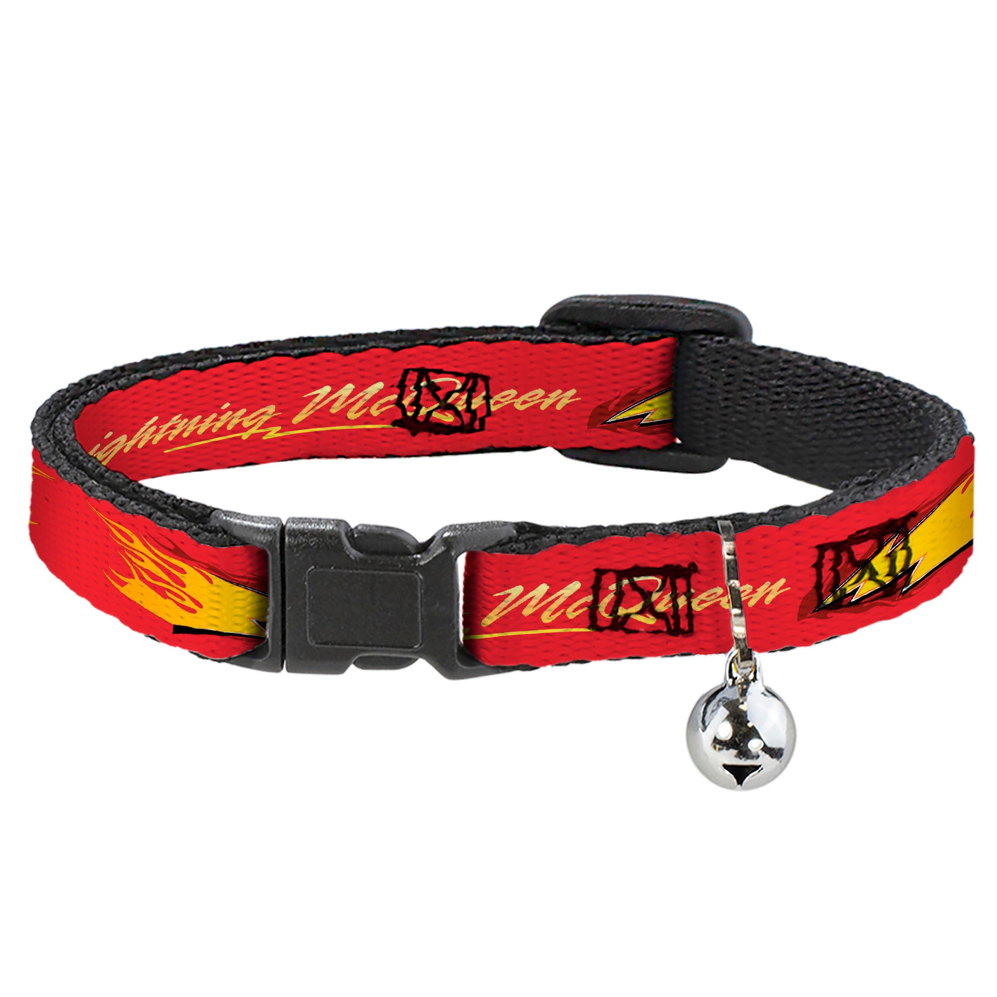 Breakaway Cat Collar with Bell - Cars LIGHTNING MC QUEEN Text with Bolt Flames Red/Yellows Breakaway Cat Collars Disney