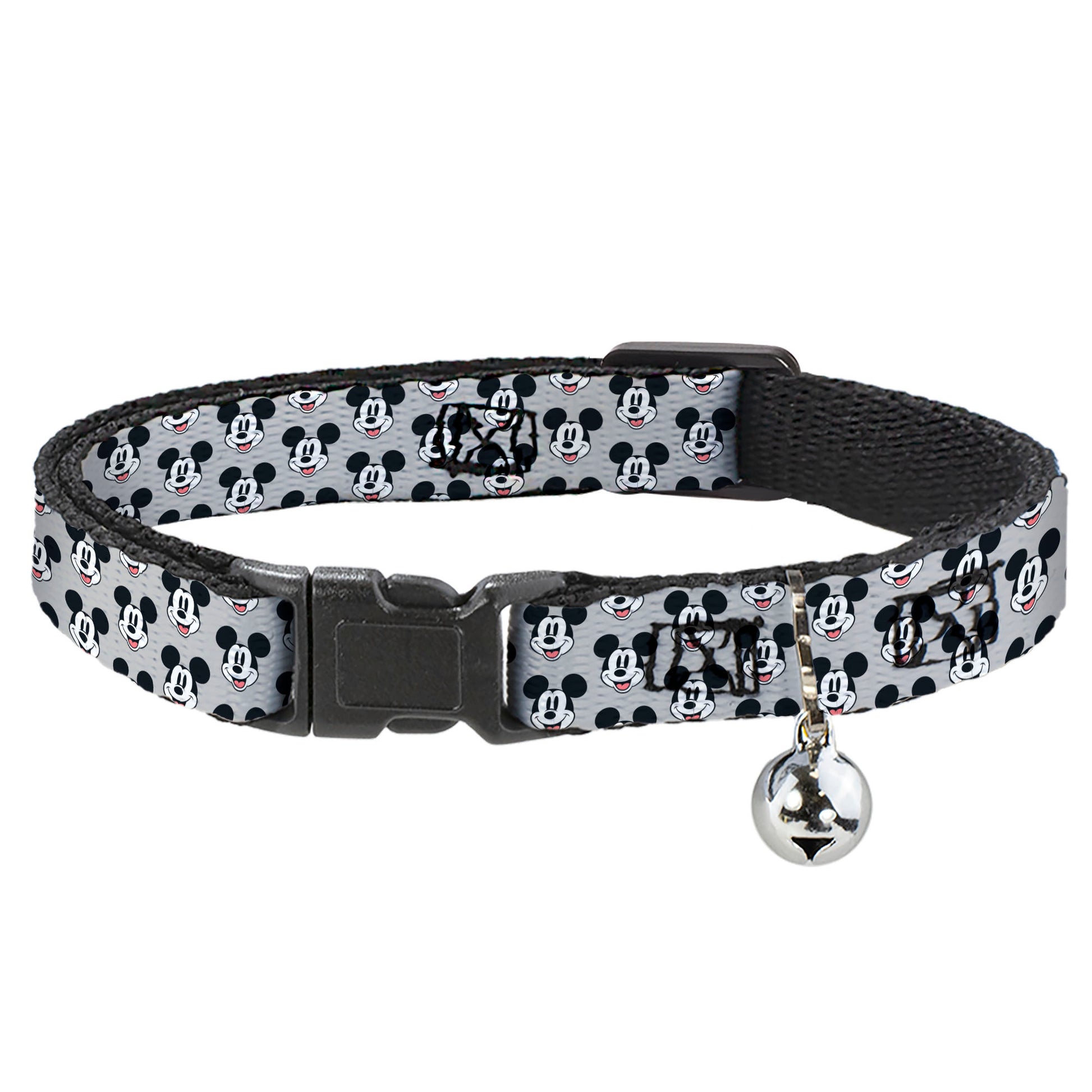 Breakaway Cat Collar with Bell - Mickey Mouse Smiling Face Monogram Gray Breakaway Cat Collars Disney