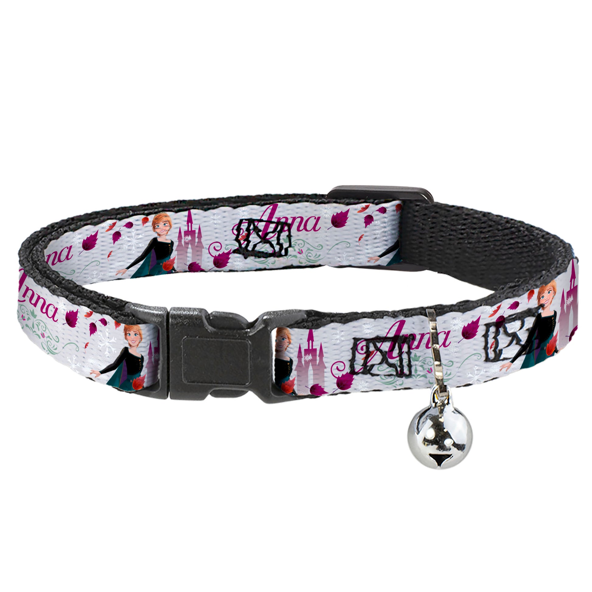 Cat Collar Breakaway with Bell - Frozen Anna Castle Pose with Flowers and Script Grays Pinks - NARROW Fits 8.5-12" Breakaway Cat Collars Disney