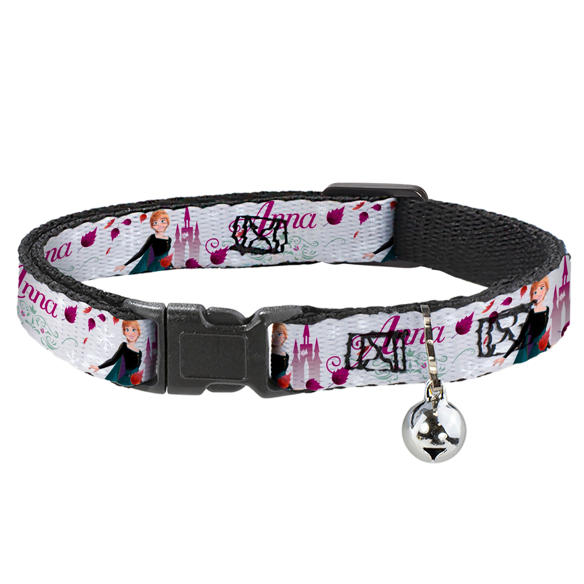 Cat Collar Breakaway with Bell - Frozen Anna Castle Pose with Flowers and Script Grays Pinks - NARROW Fits 8.5-12" Breakaway Cat Collars Disney