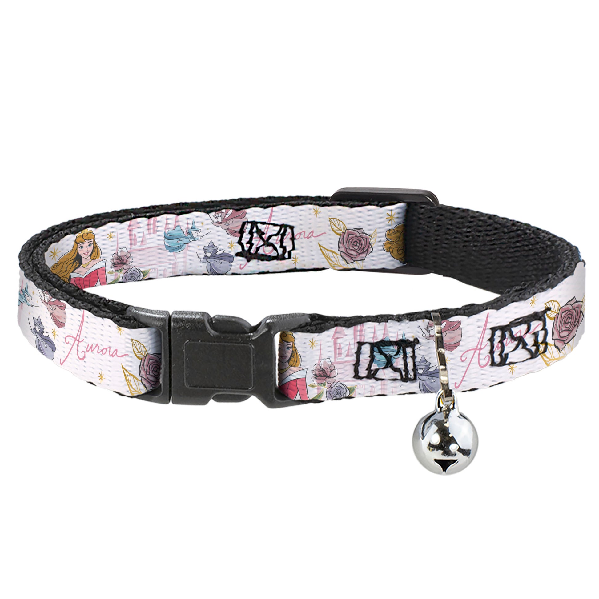 Cat Collar Breakaway with Bell - Sleeping Beauty Aurora Castle and Fairy Godmothers Pose with Script and Flowers White Pinks - NARROW Fits 8.5-12" Breakaway Cat Collars Disney