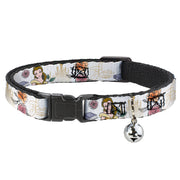Cat Collar Breakaway with Bell - Beauty and the Beast Belle Castle Pose with Script and Flowers White Yellows - NARROW Fits 8.5-12" Breakaway Cat Collars Disney