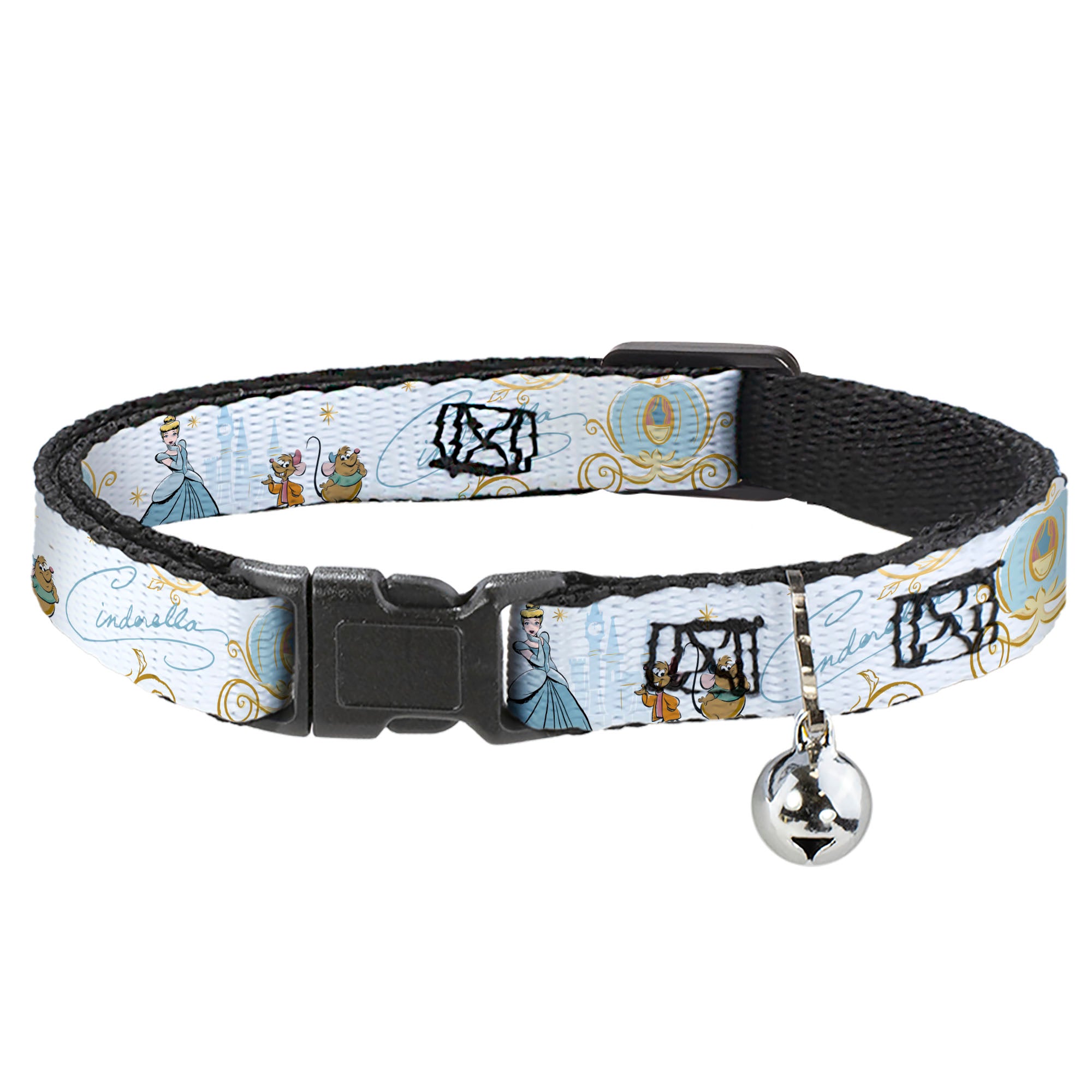 Cat Collar Breakaway with Bell - Cinderella Pumpkin Coach and Mice Pose with Script White Blues - NARROW Fits 8.5-12" Breakaway Cat Collars Disney