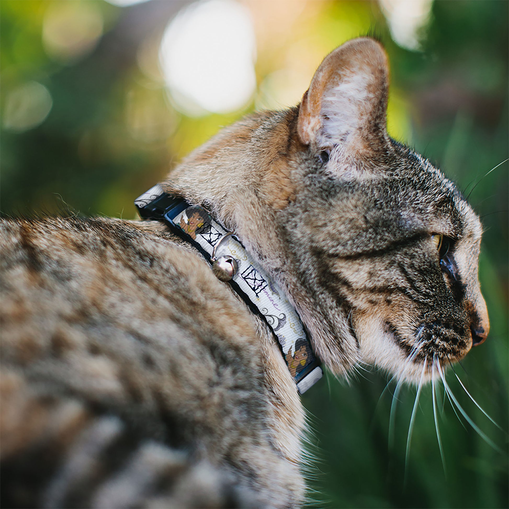 Cat Collar Breakaway with Bell - Aladdin Jasmine Palace Pose with Script and Flowers White Purples - NARROW Fits 8.5-12" Breakaway Cat Collars Disney