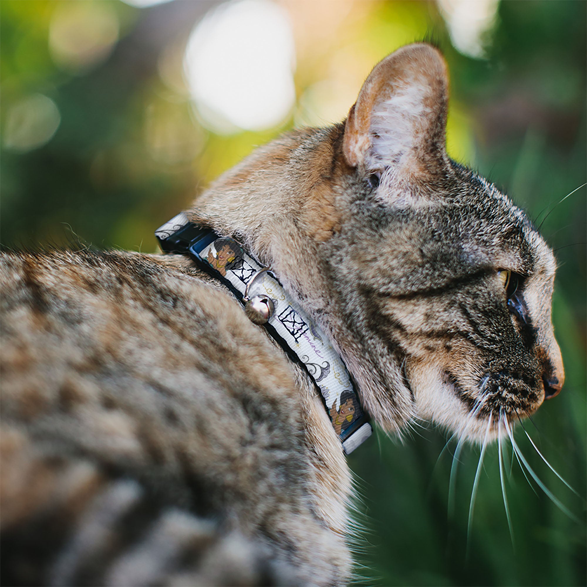 Cat Collar Breakaway with Bell - Aladdin Jasmine Palace Pose with Script and Flowers White Purples - NARROW Fits 8.5-12" Breakaway Cat Collars Disney