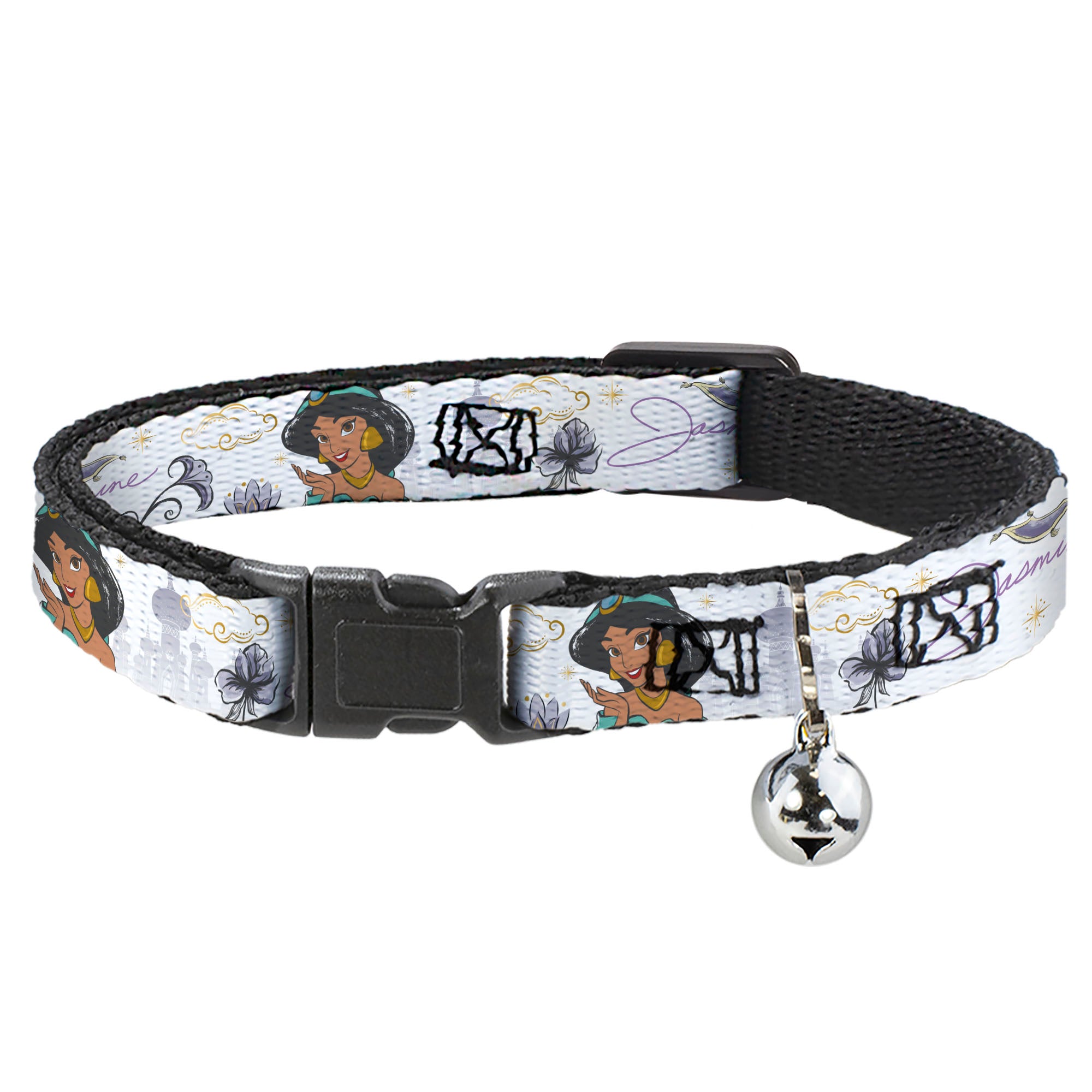 Cat Collar Breakaway with Bell - Aladdin Jasmine Palace Pose with Script and Flowers White Purples - NARROW Fits 8.5-12" Breakaway Cat Collars Disney